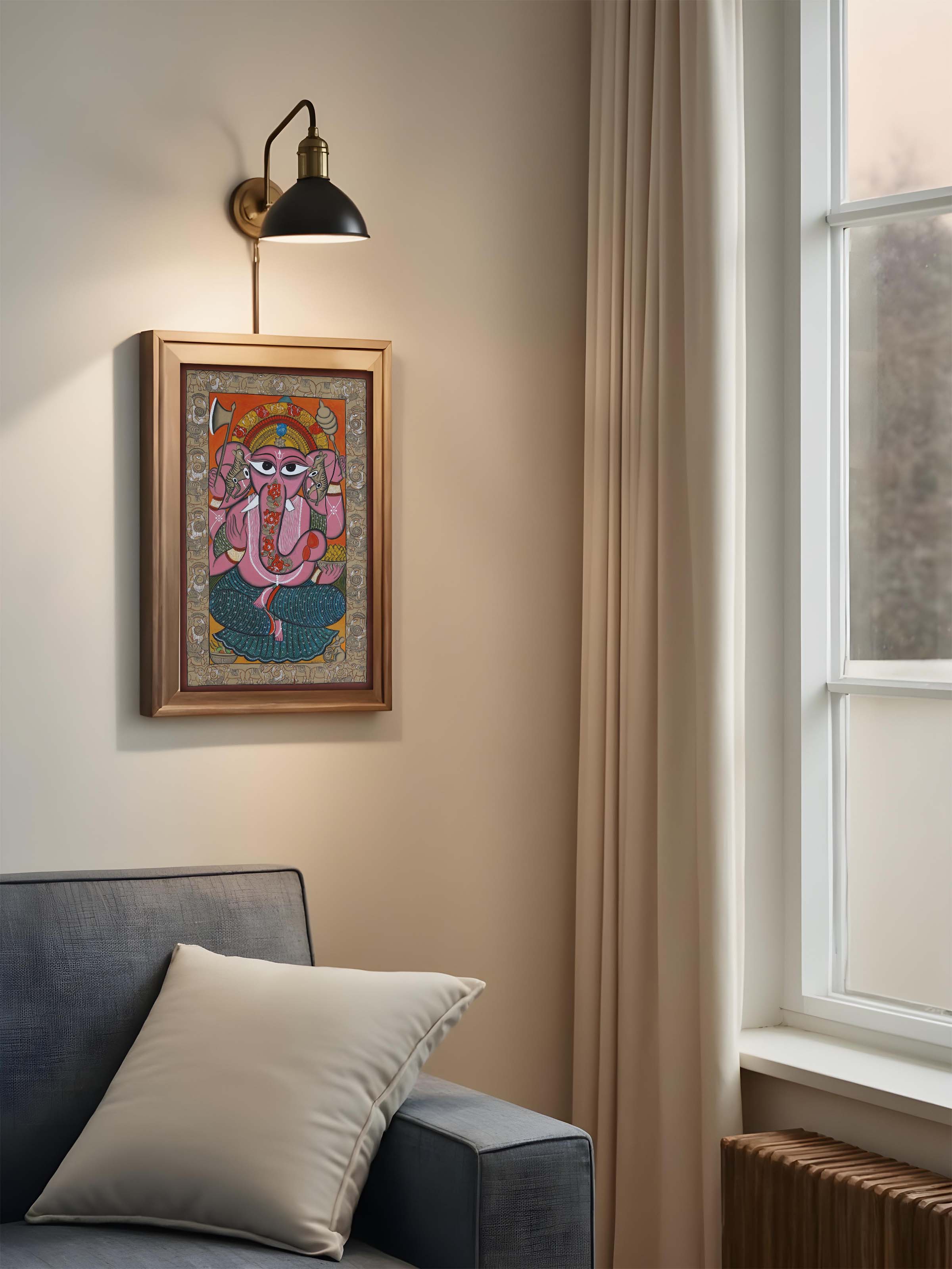 Hand-painted Ganesha Kalighat artwork with classic Bengali folk art detailing