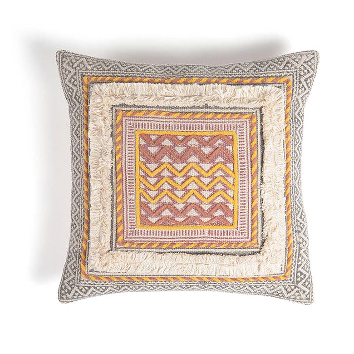 Hand Block Printed Geometric Bordered Cotton Cushion Cover - Urban Ladder