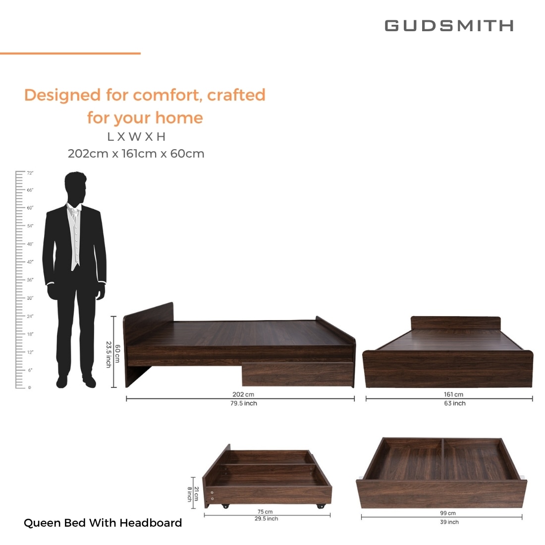 Esmeralda Queen Bed with 2 Drawer Storage