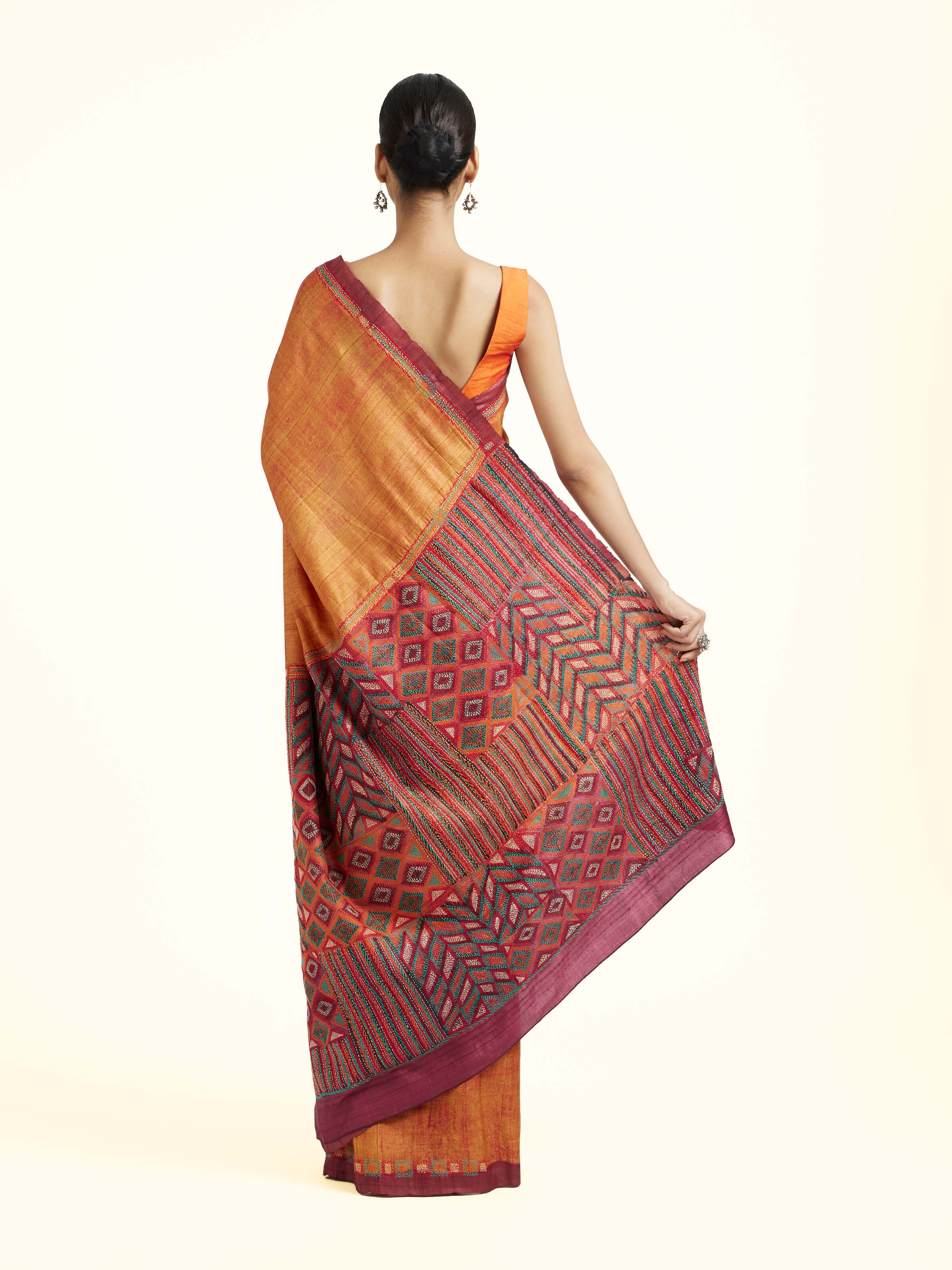 Rustorange Tussar Silk Discharge Block Kantha Embroidered Saree