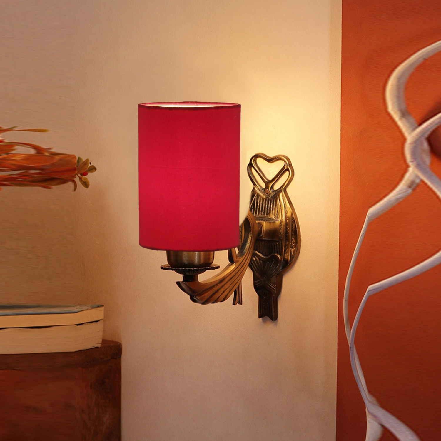 Devansh Metal Electric Wall Light in Antique Gold Colour with Red Shade Count of 1 Light - Devansh