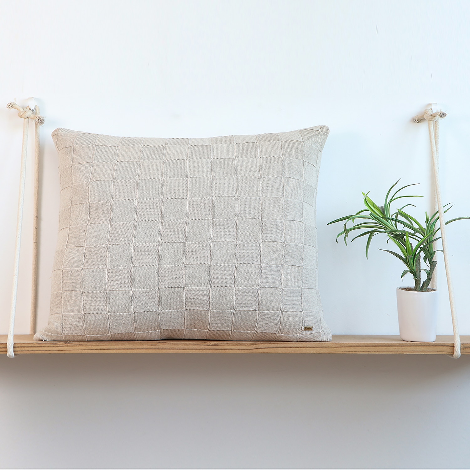 Square Check Knit Cushion Cover  Beige 24X24  Inches - Pluchi