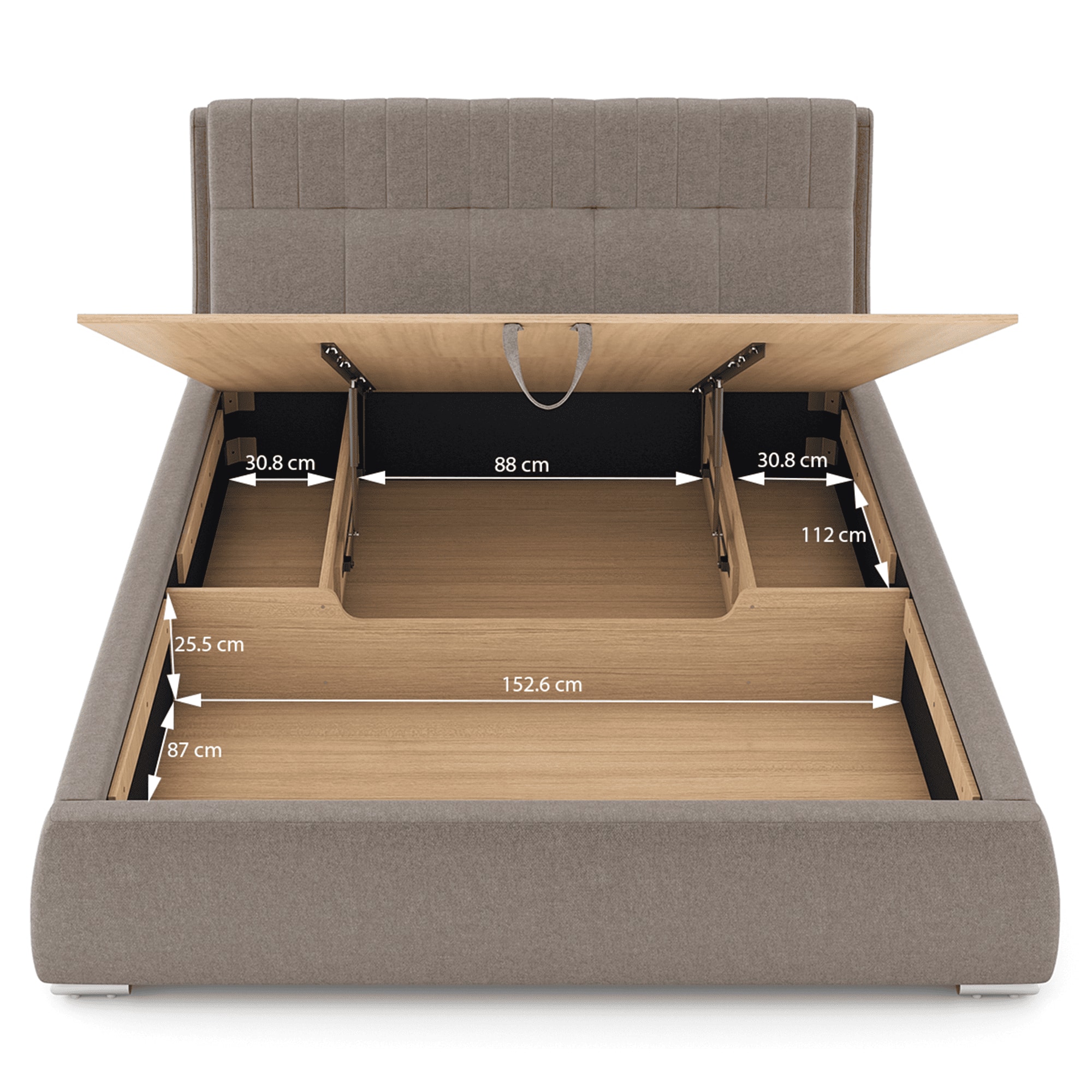 Stanhope Upholstered Hydraulic Storage Queen Size Bed In Shitake Beige Premium Chenille