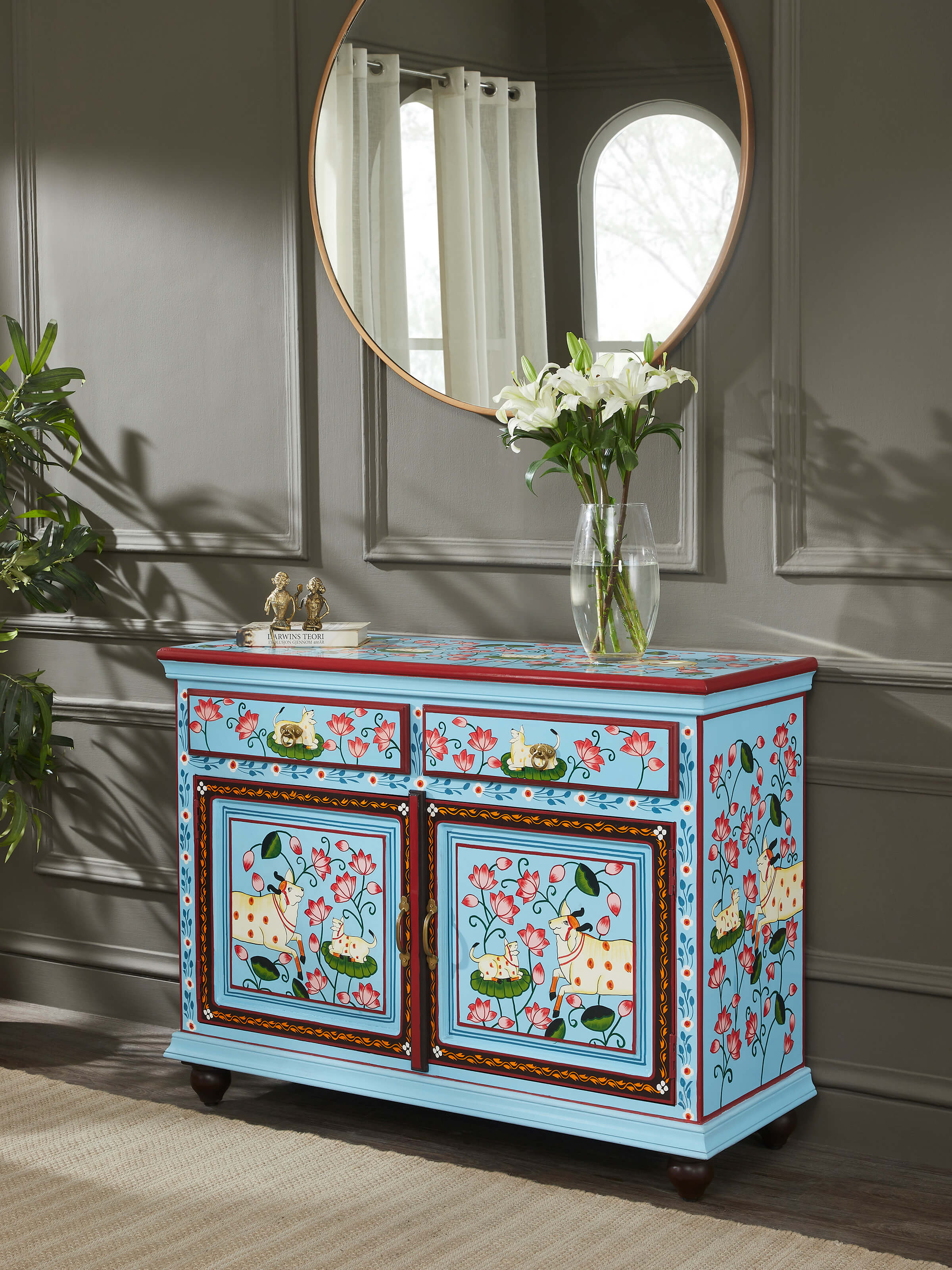 Lifestyle image of drawer chest placed in ethnic room decor – artisanal Indian furniture