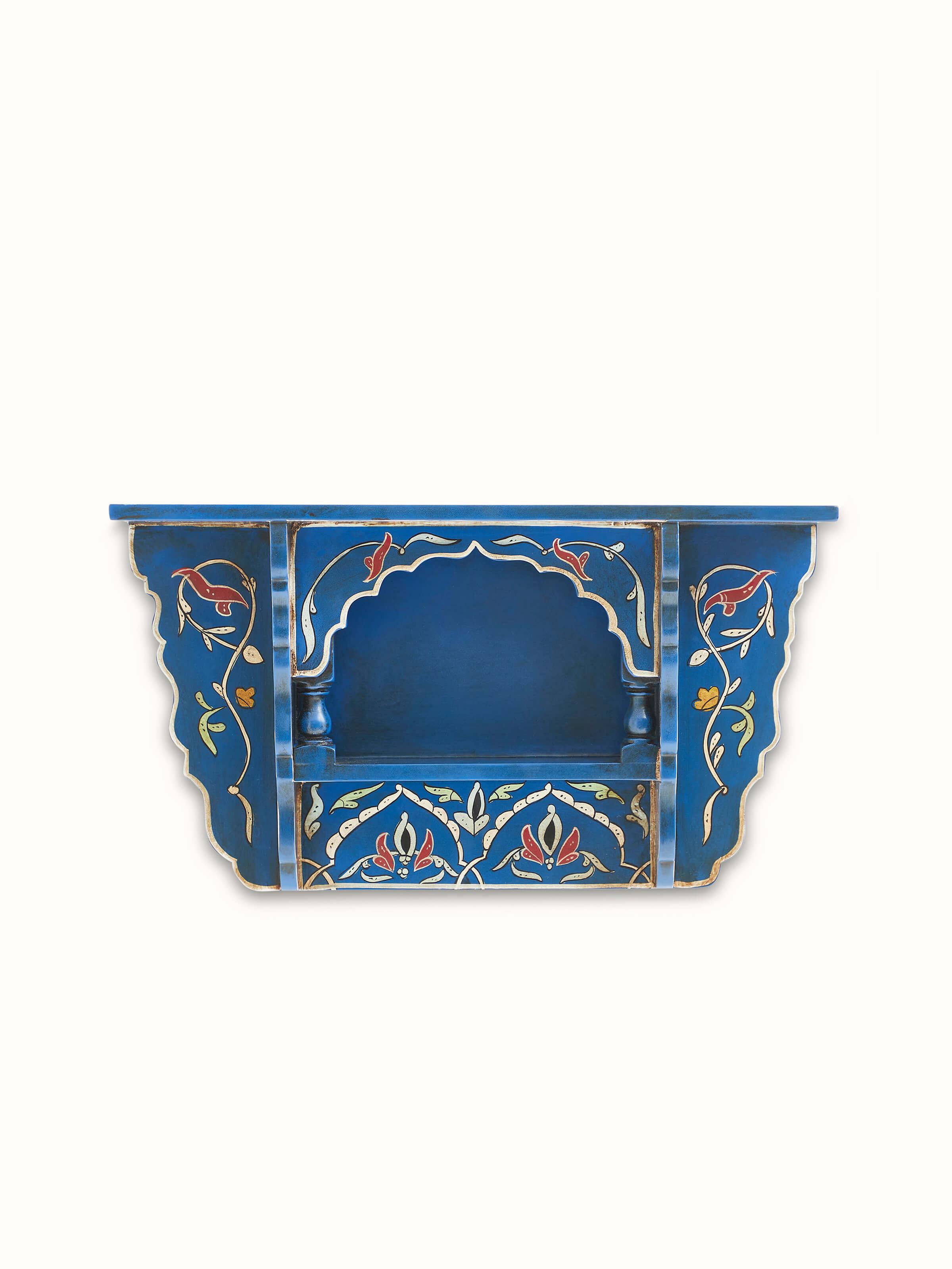 Front view of Blue Miniature Painted Wall Shelf showcasing vibrant hand-painted artwork and compact, functional design.