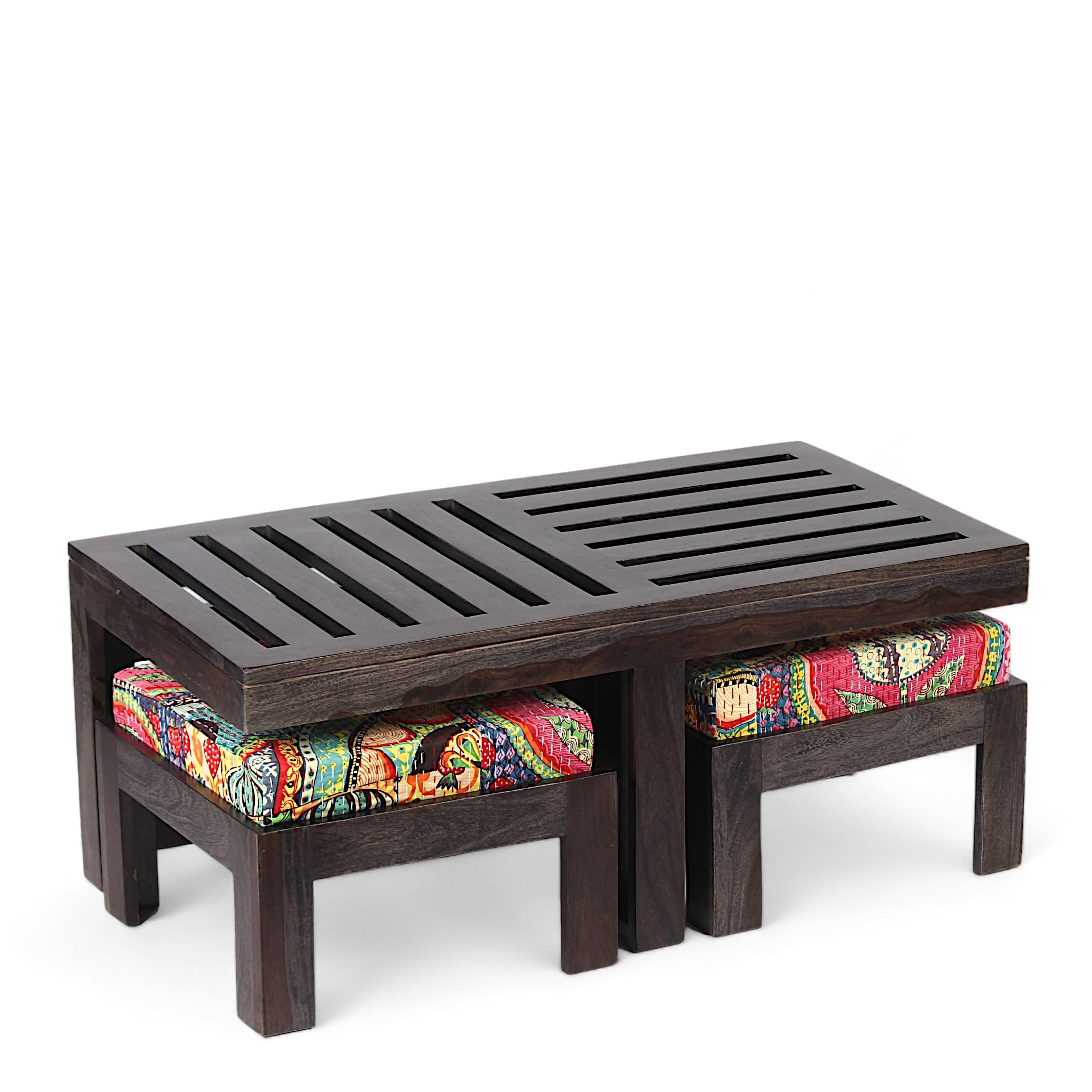 Irish Sheesham Wood Coffee Table With 2 Stools Set In Mahogany Finish & Multi Colour Israel Print Kantha Fabric Cushions
