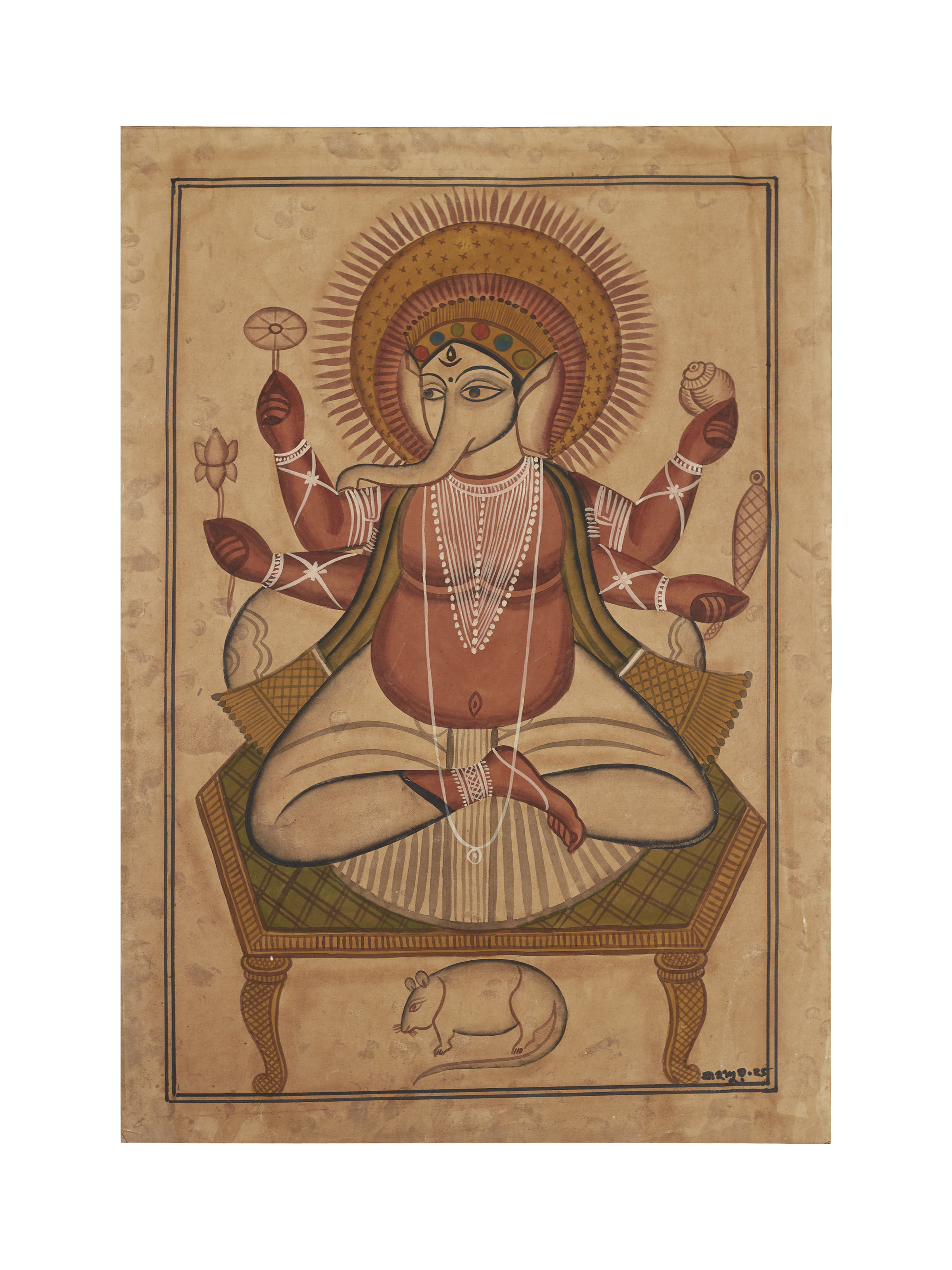 Front view of Man Woman Fan Kalighat Painting