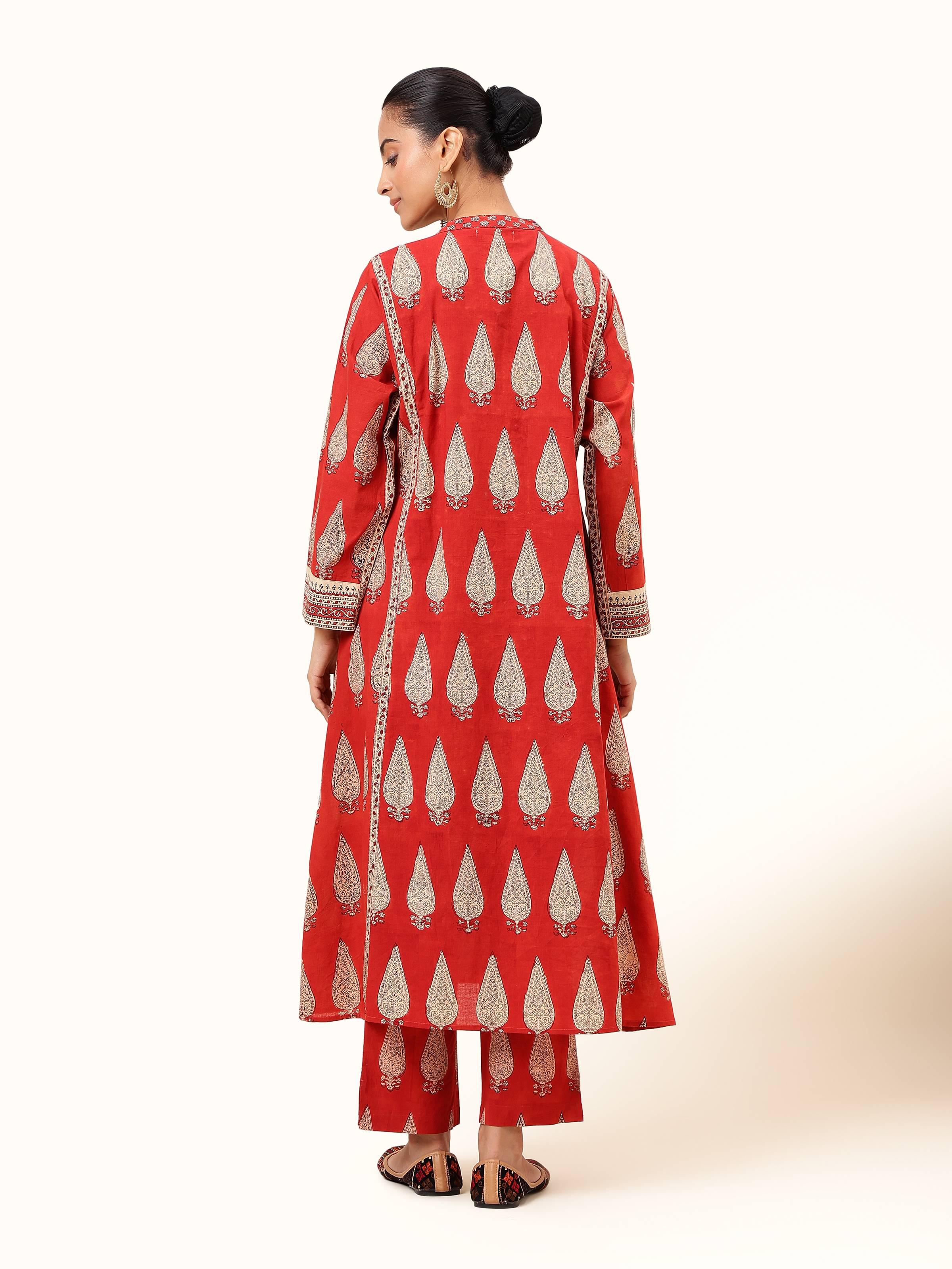 Back view of red cotton Bagru block printed pant highlighting print continuity