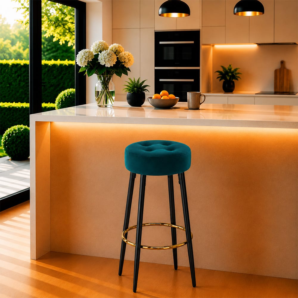 Doe Buck Tufted Counter Height Bar Stool in Teal Colour with Gold Footrest - Doe Buck
