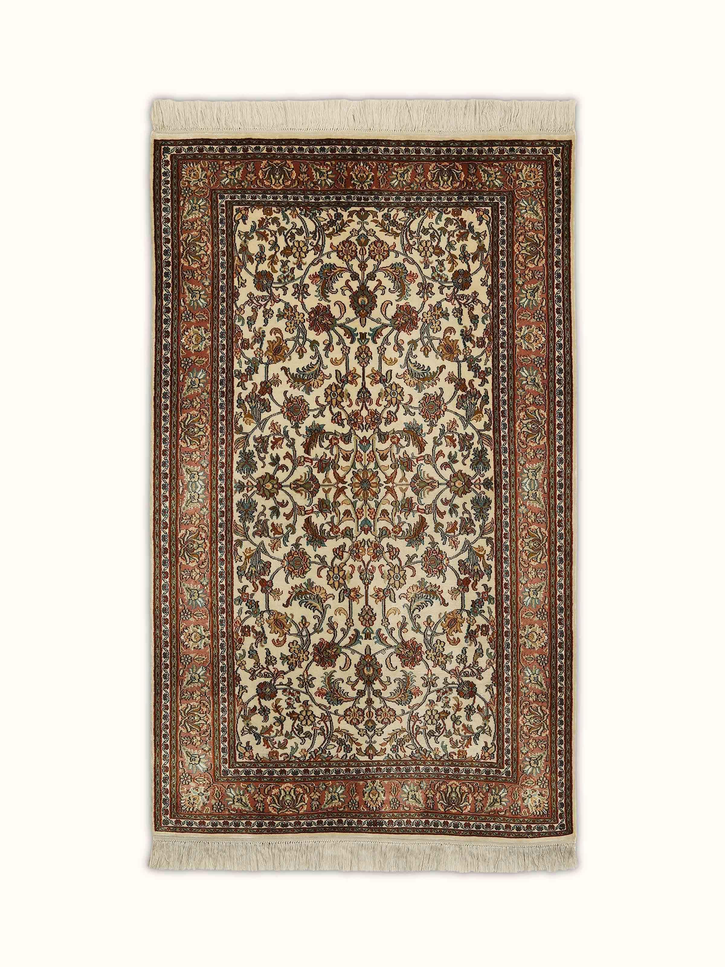 Traditional Persian Ivory Tabriz Kashmir Silk Hand-knotted Rug