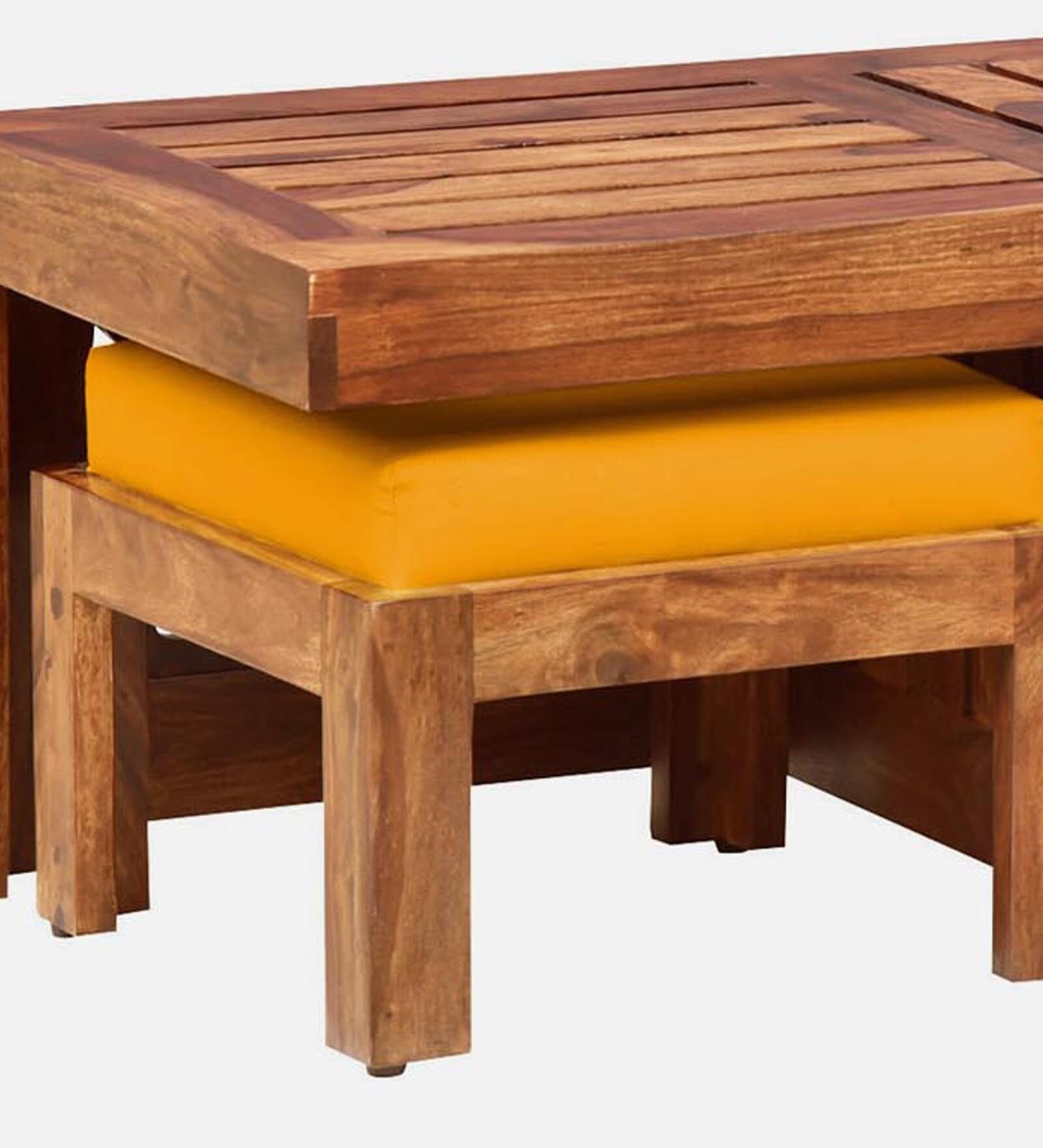 Lifty Sheesham Wood Nesting Coffee Table Set in Rustic  Teak Finish With Cushioned Stools