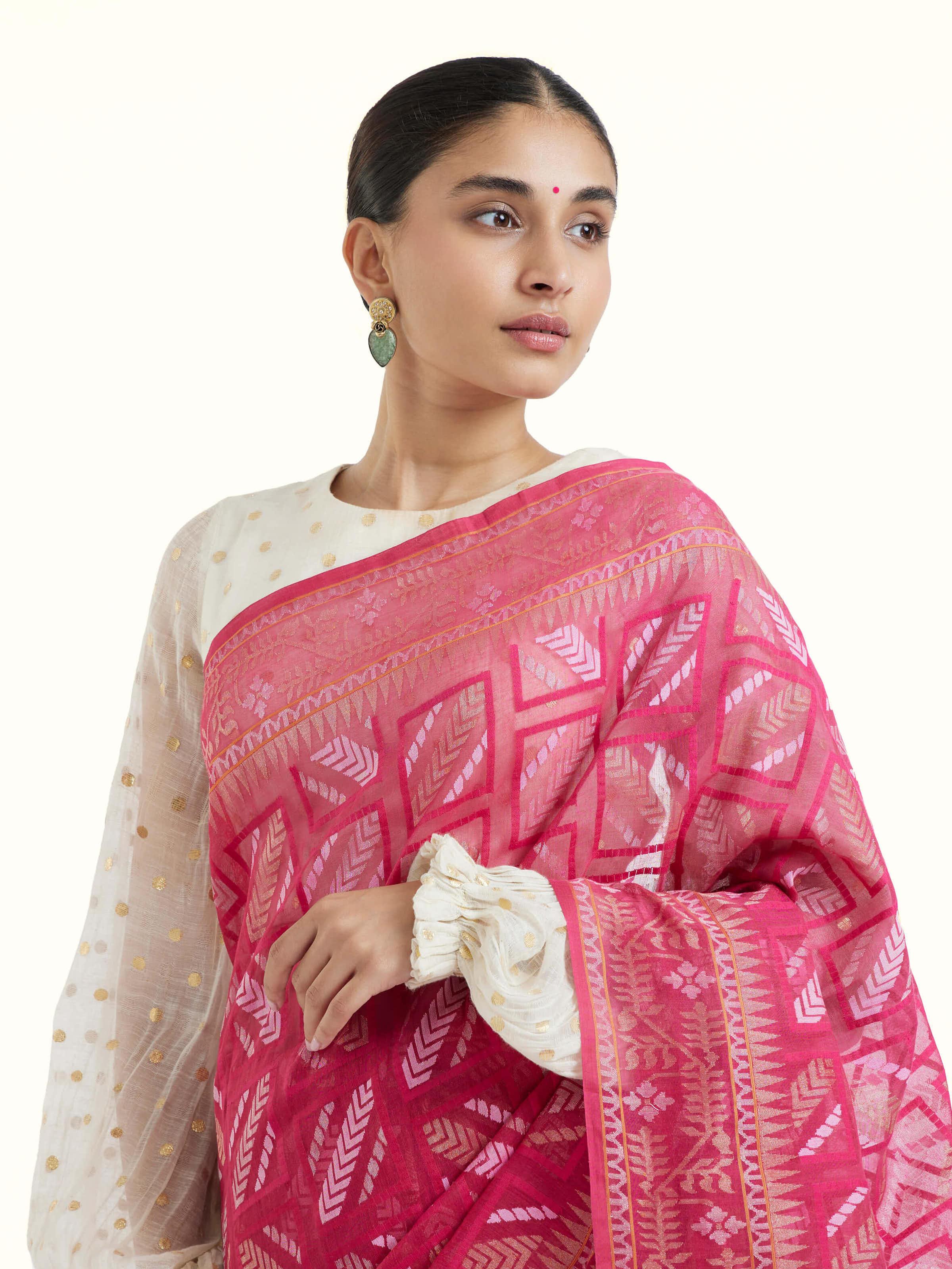 Pink Cotton Awadh Jamdani Saree