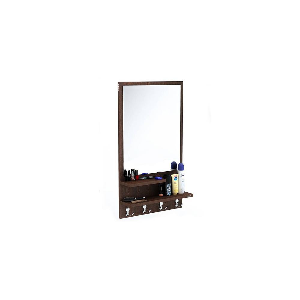 Rico Engineered Wood Wall Mount Dressing Table Mirror with Shelves & Hooks (Wenge)