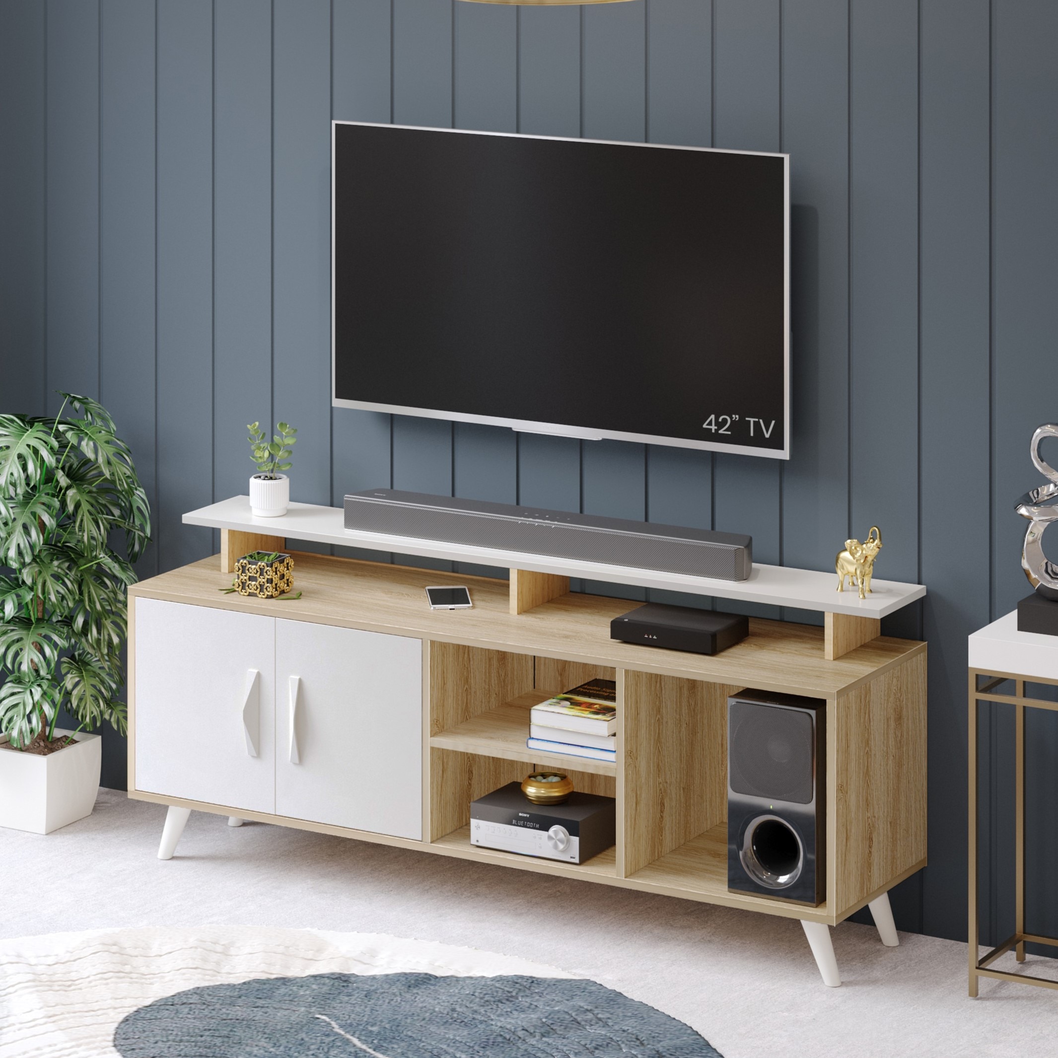 Bluewud Skiddo Engineered Wood Tvcabinet In European Oak & White Finish - Bluewud