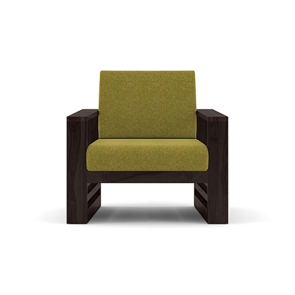 Parson 1 Seater Wooden Sofa In American Walnut Finish in Green Olivia Colour