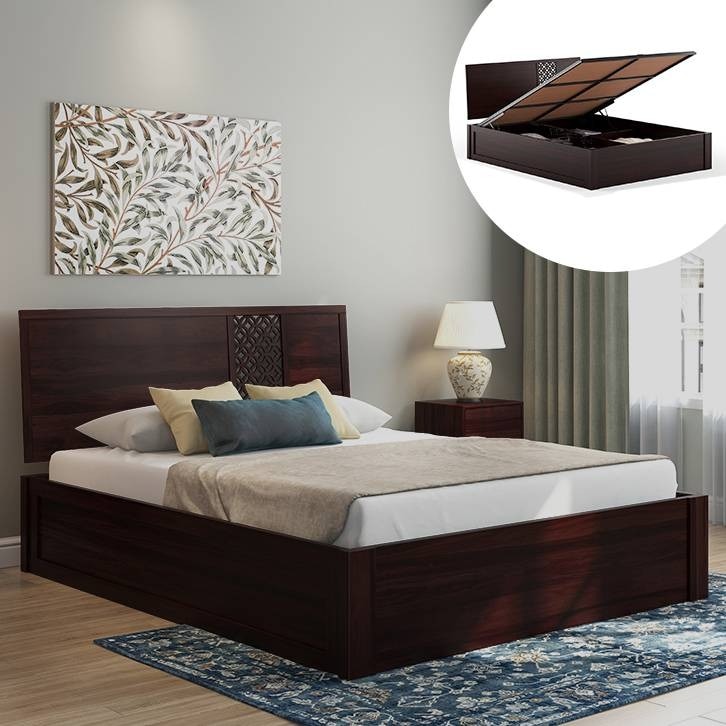 Alaca Hydraulic Storage Bed (Solid Wood) (Mahogany Finish, Queen Bed Size)