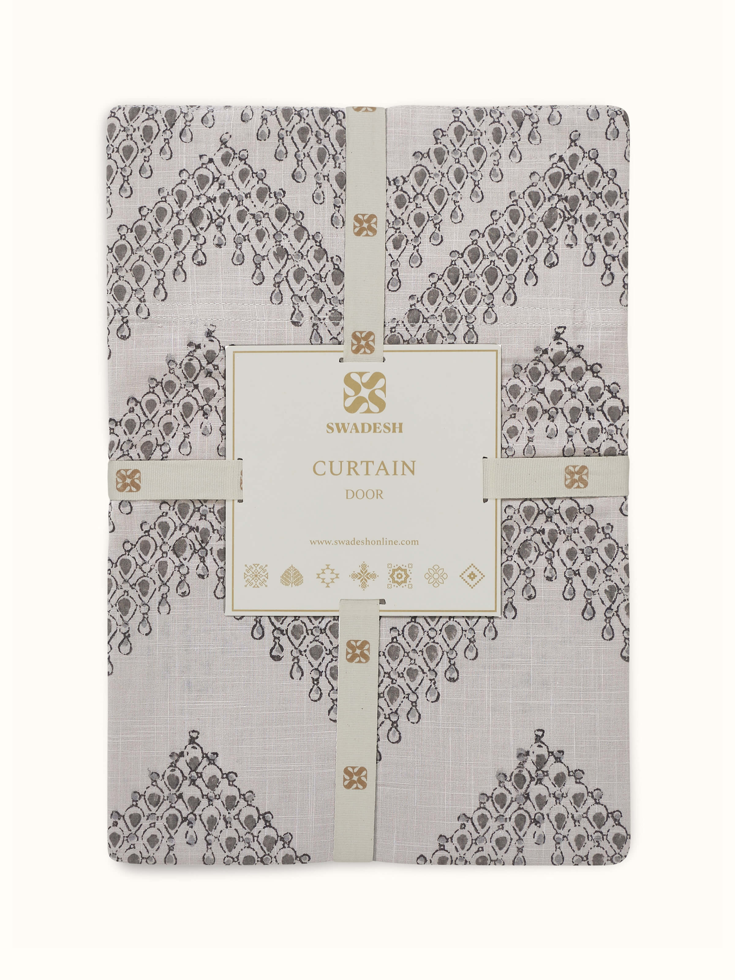 Fine detail of hem and stitch finish on modern grey cotton printed curtain