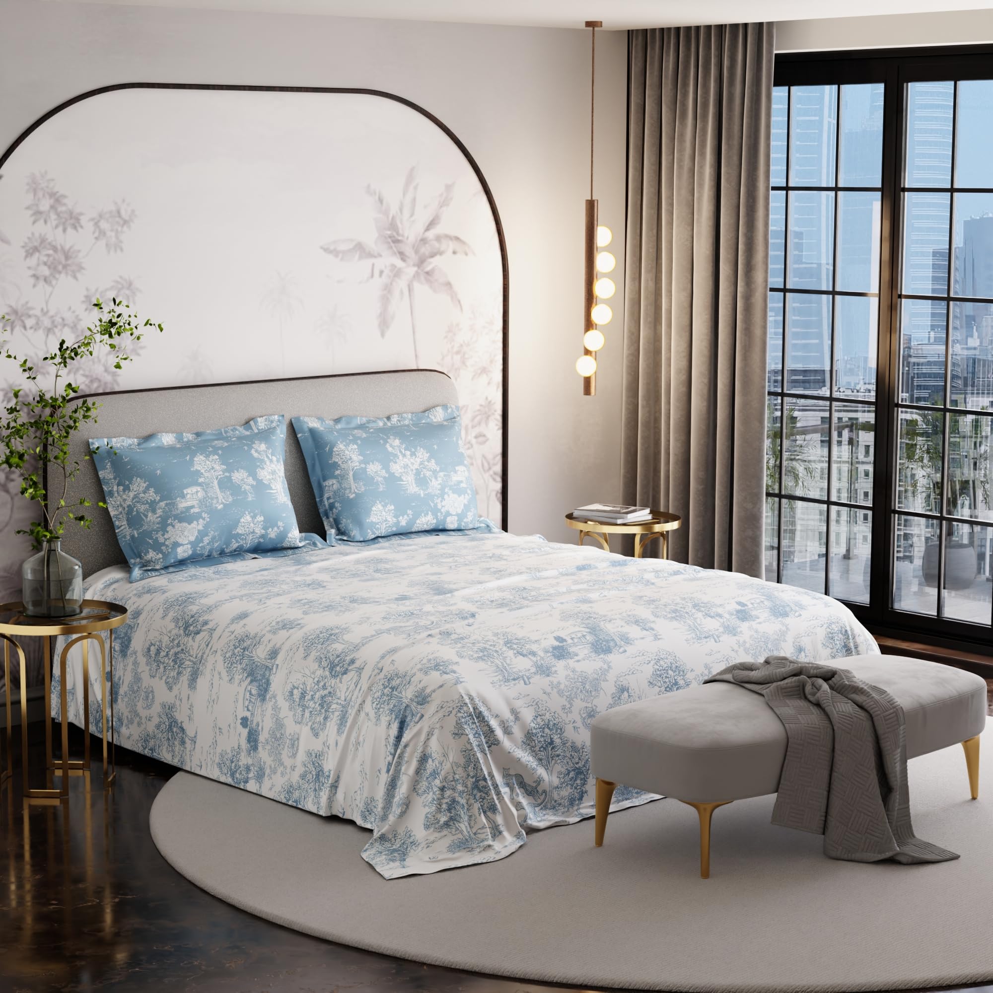 Stoa Paris Super King Size Cotton Bedsheet with 2 Pillow Covers  Size Snow Flower Blue - Stoa Paris