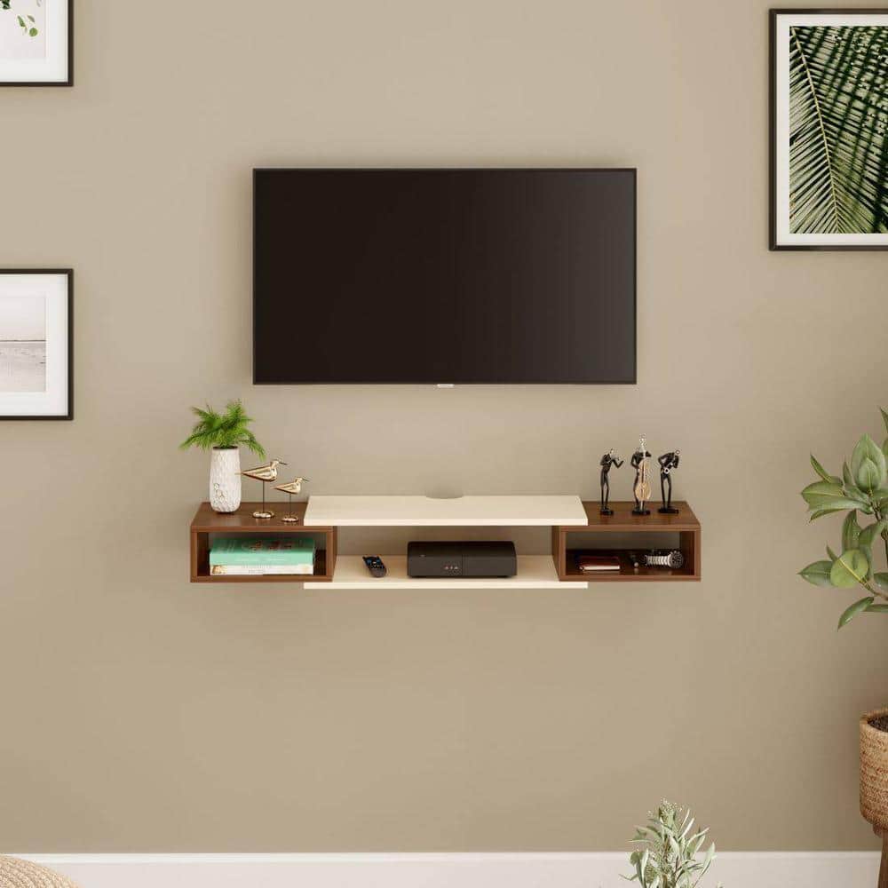 Toska Engineering Wood Wall Mount TV Entertainment Unit Set Top Box Stand/TV Cabinet with Shelves for Books & Decor Display Unit Standard Upto 42 Inches (Brown Maple & Beige)