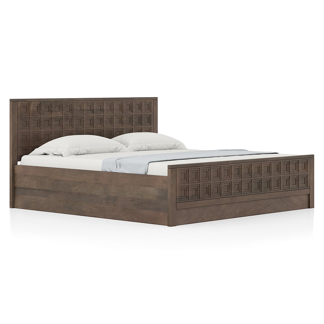 Baori Solid Wood King Size Hydraulic Storage Bed In Danish Walnut Finish