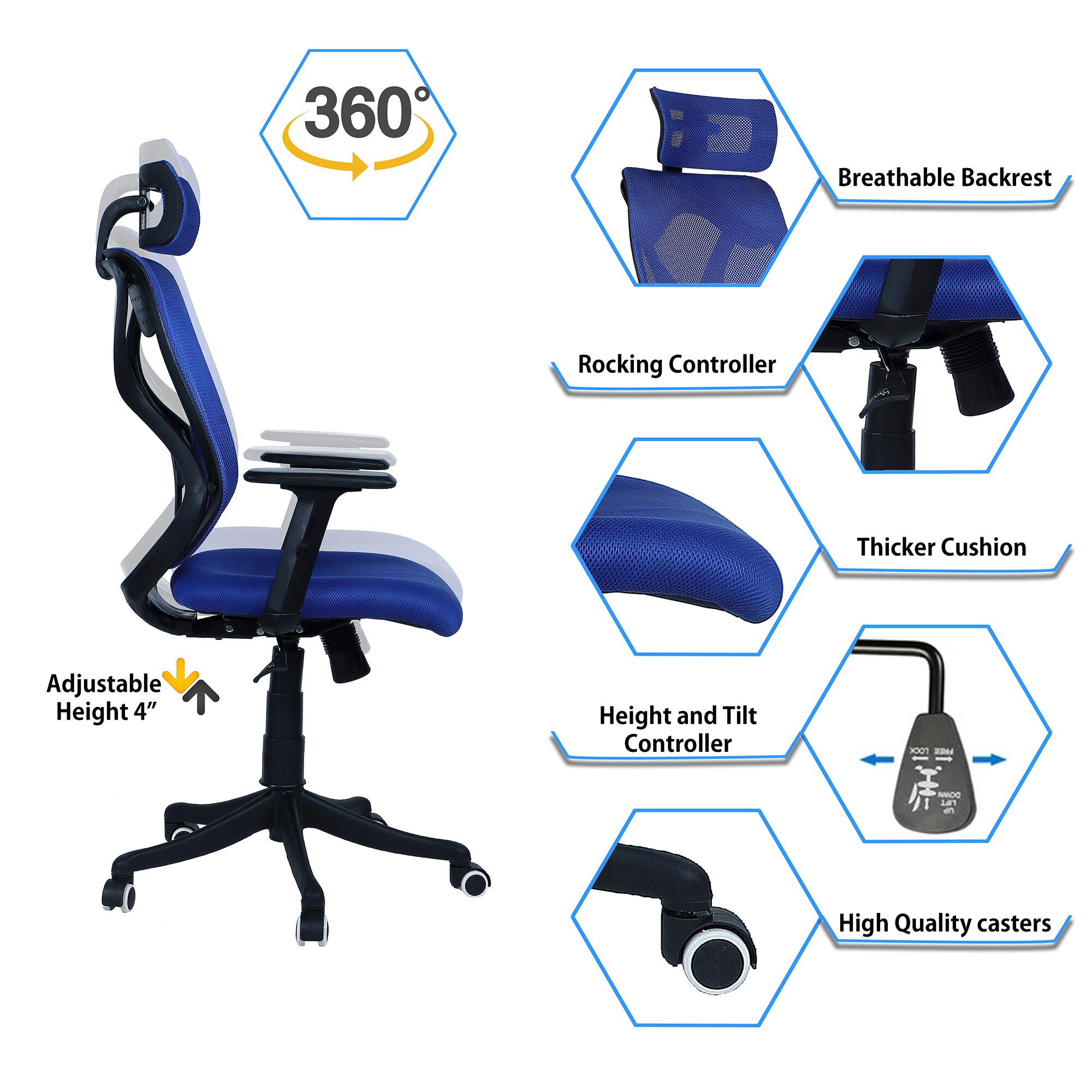 Zeeazyana High Back Ergonomic Chair in Blue Colour