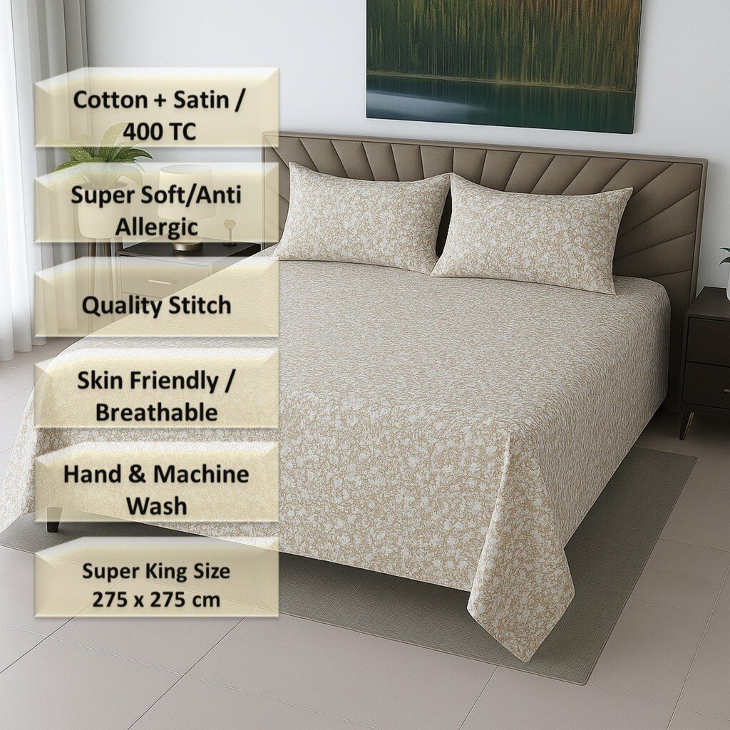 Off White Color Floral 400 TC Cotton Satin Flat Super King Bed Size Bedsheet With 2 Pilllow Covers  Threads
