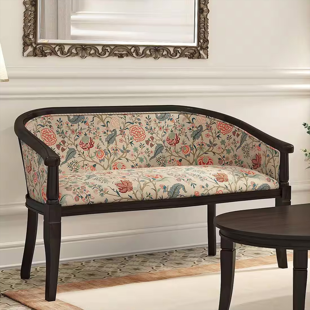 Florence Loveseat 2 Seater In Mahogany Finish With Calico Floral Retreat Fabric Colour