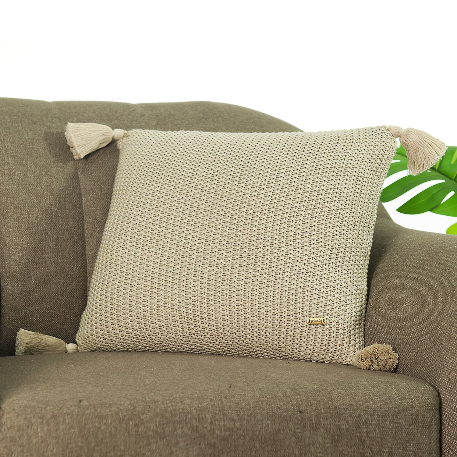 Moss Knit Pale Whisper Cotton Cushion Cover 16X16  Inches - Pluchi