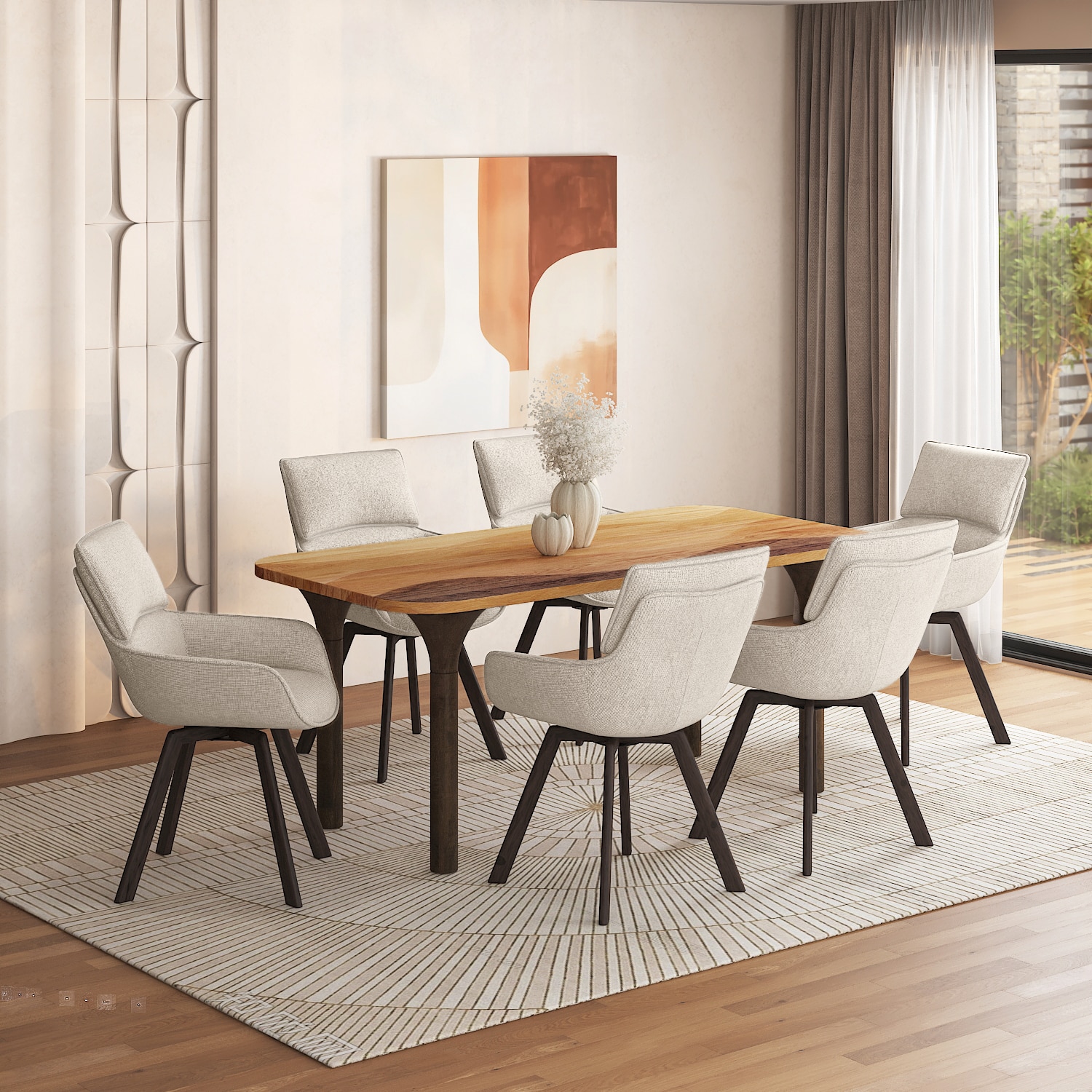 Dune Solid Oak Wood Dining Table With 6  Bren Dining Chairs (Finish : Gradient Oak, Chair Colour : Ivory)
