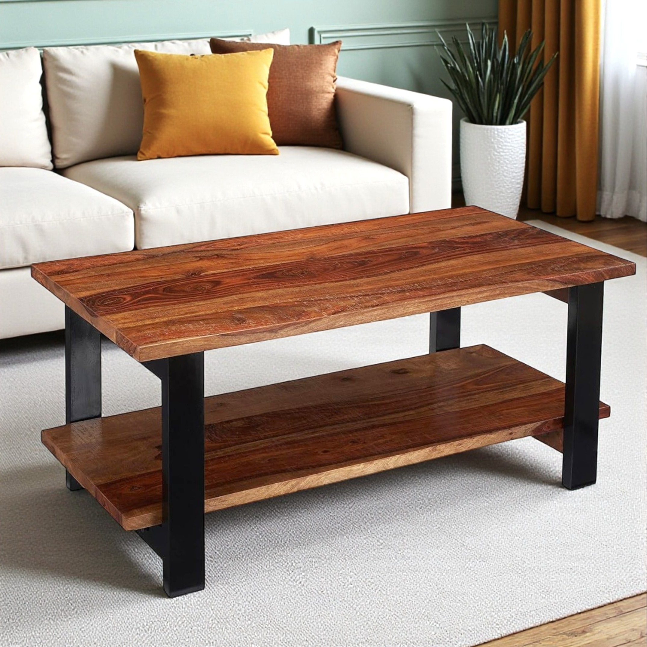 Aroda Sheesham Wood Contemporary Rectangle Coffee Table In Natural Teak Finish