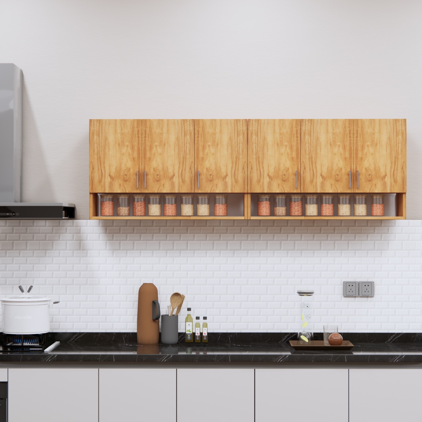 speciality panels 6 Doors Modular Wall Mounted Kitchen Cabinet With Organizer Shelf In Plateau Apple Finish-picture-12