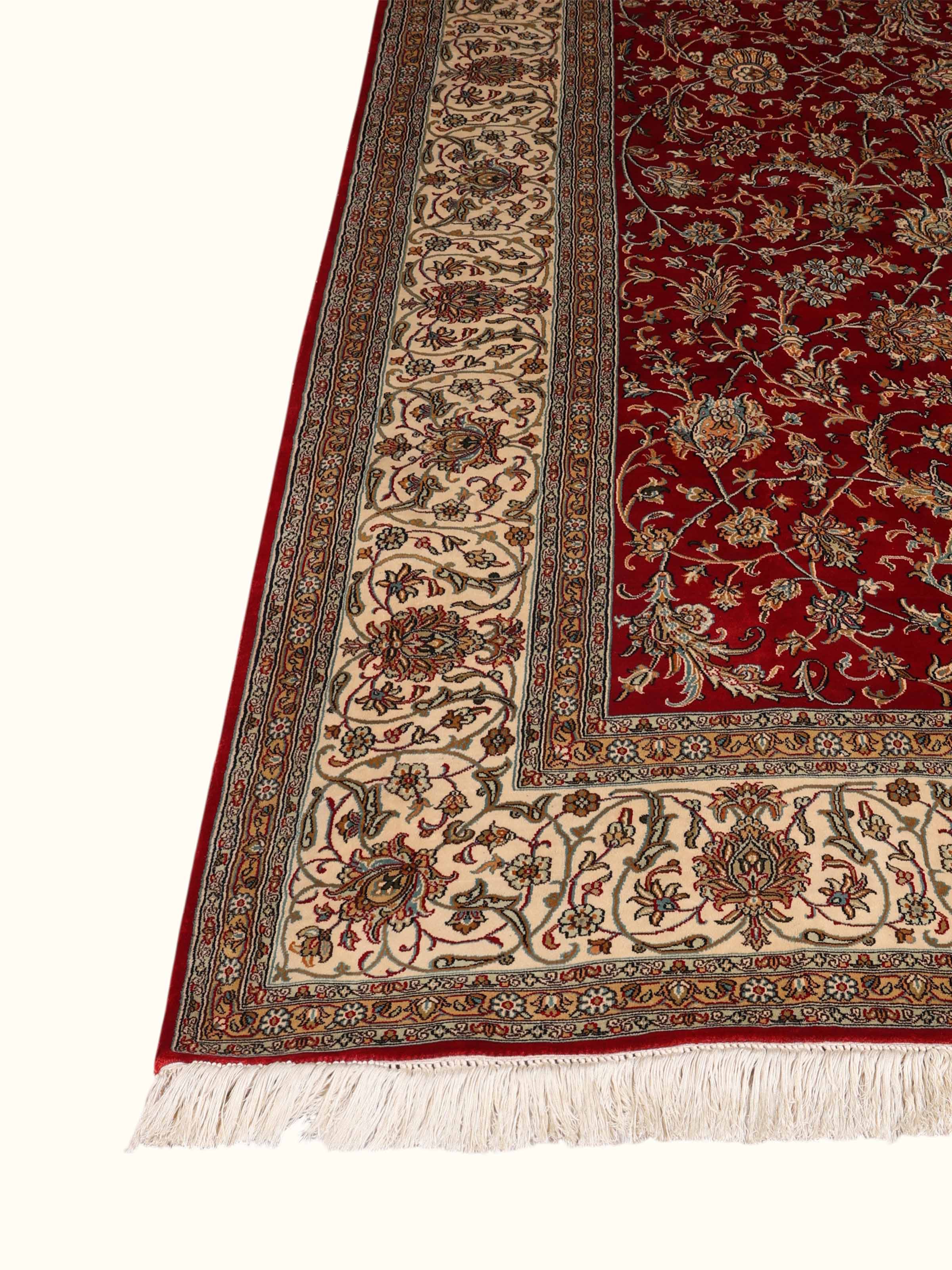 Traditional Persian Red Ivory All over Kashmir Silk Hand-Knotted Carpet