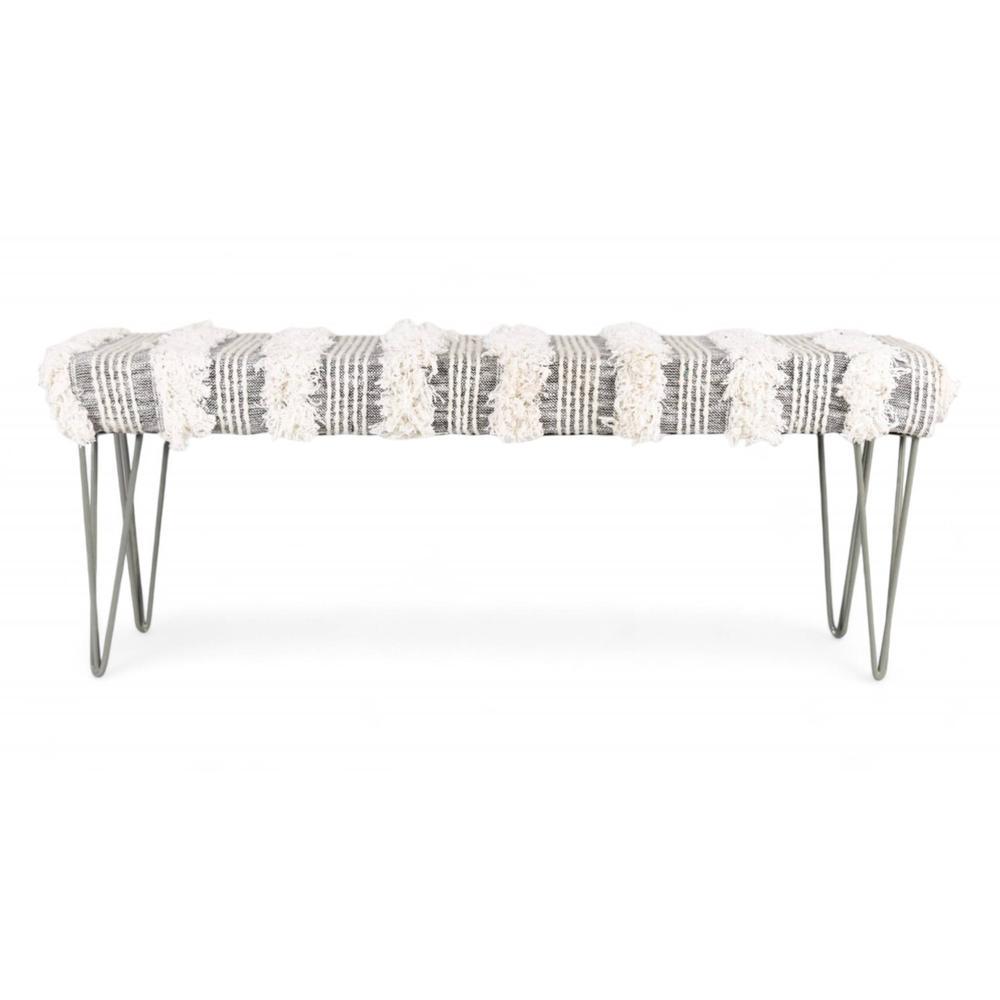 Belmont Sheesham Wood Mid Century 3 Seater Bench With Metal Legs In Grey Fabric