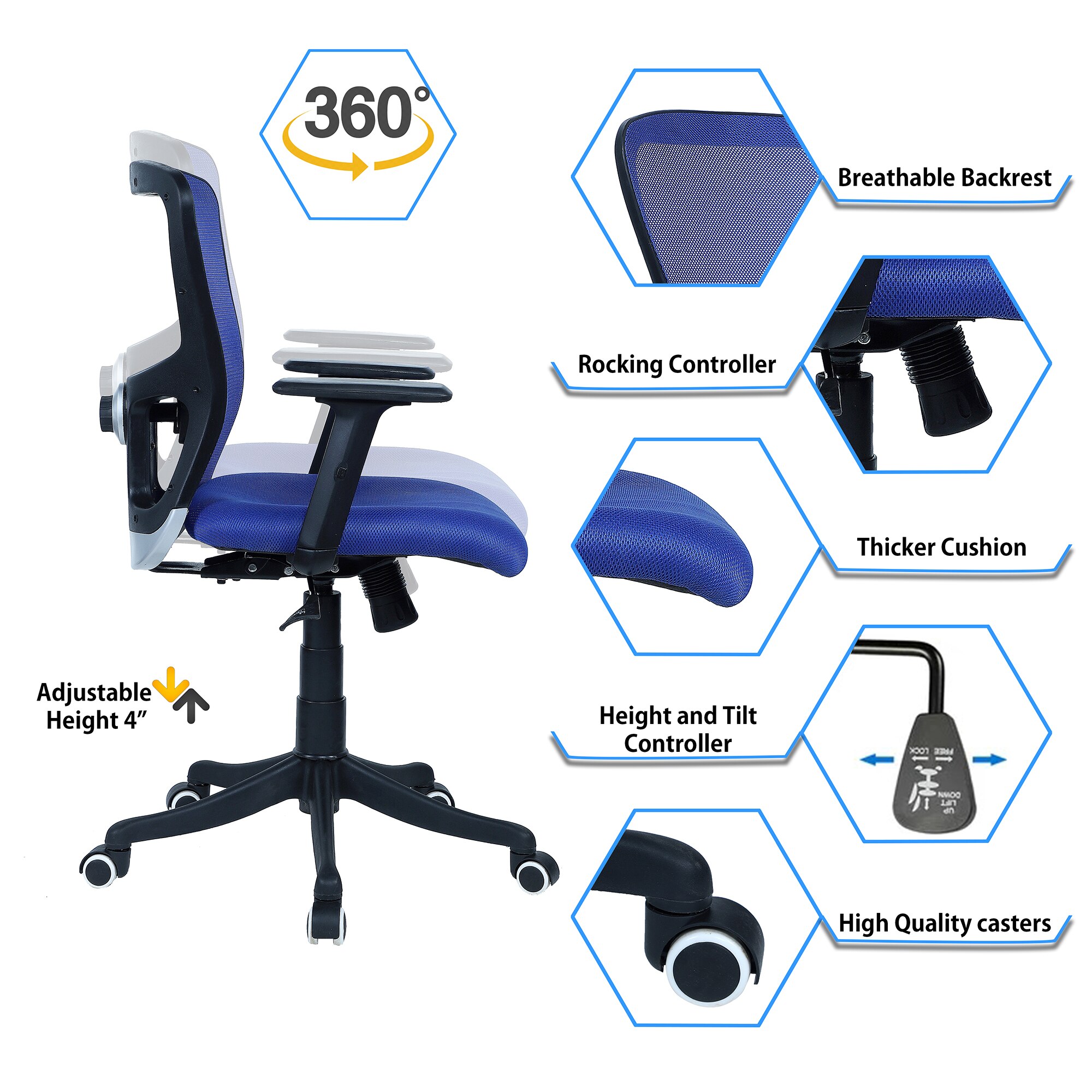 Peacifice Mid Back Ergonomic Chair in Blue Colour