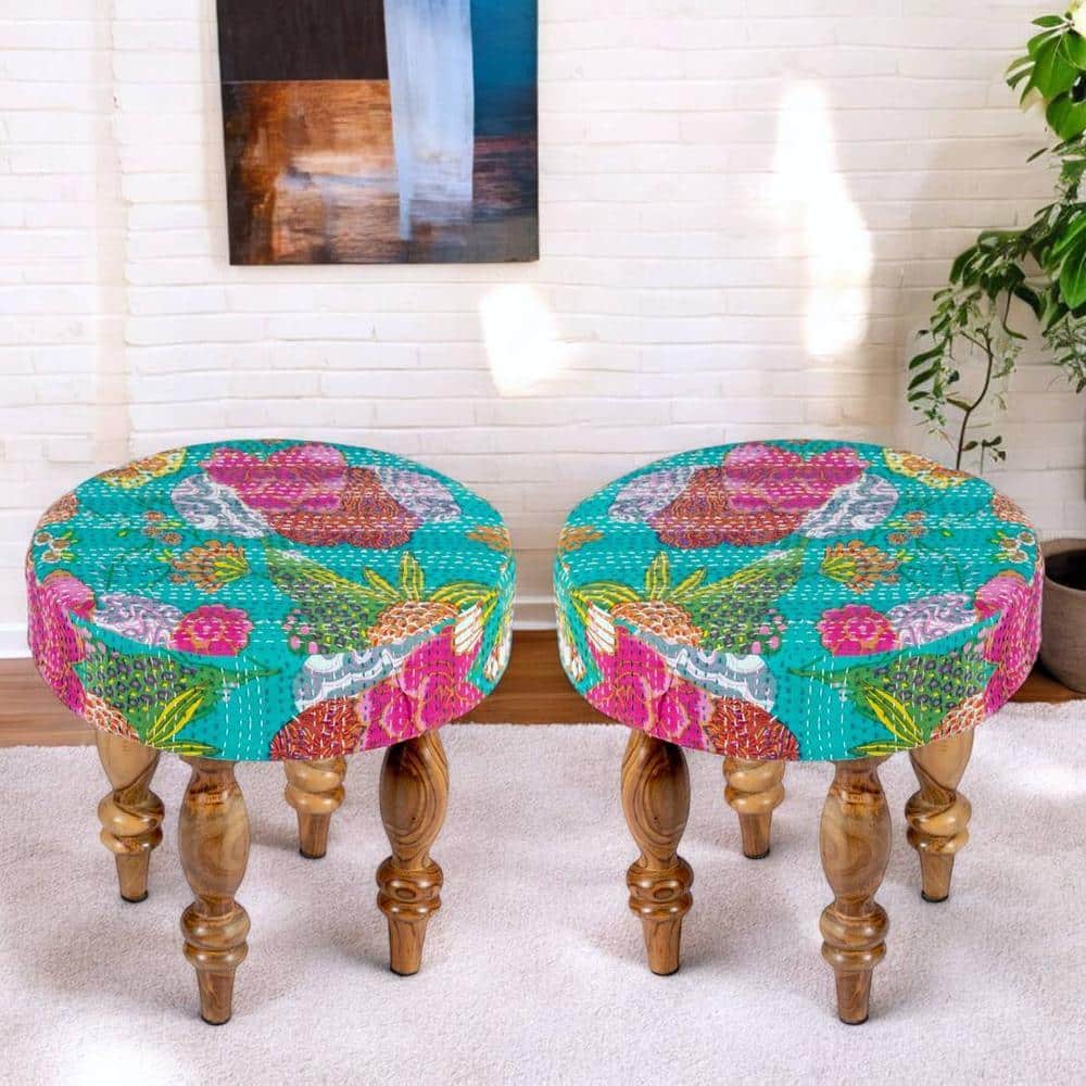 Roswell Sheesham Wood Mid Century Round Set of 2 Stools in Sea Green Fruit Print Kantha Upholstery