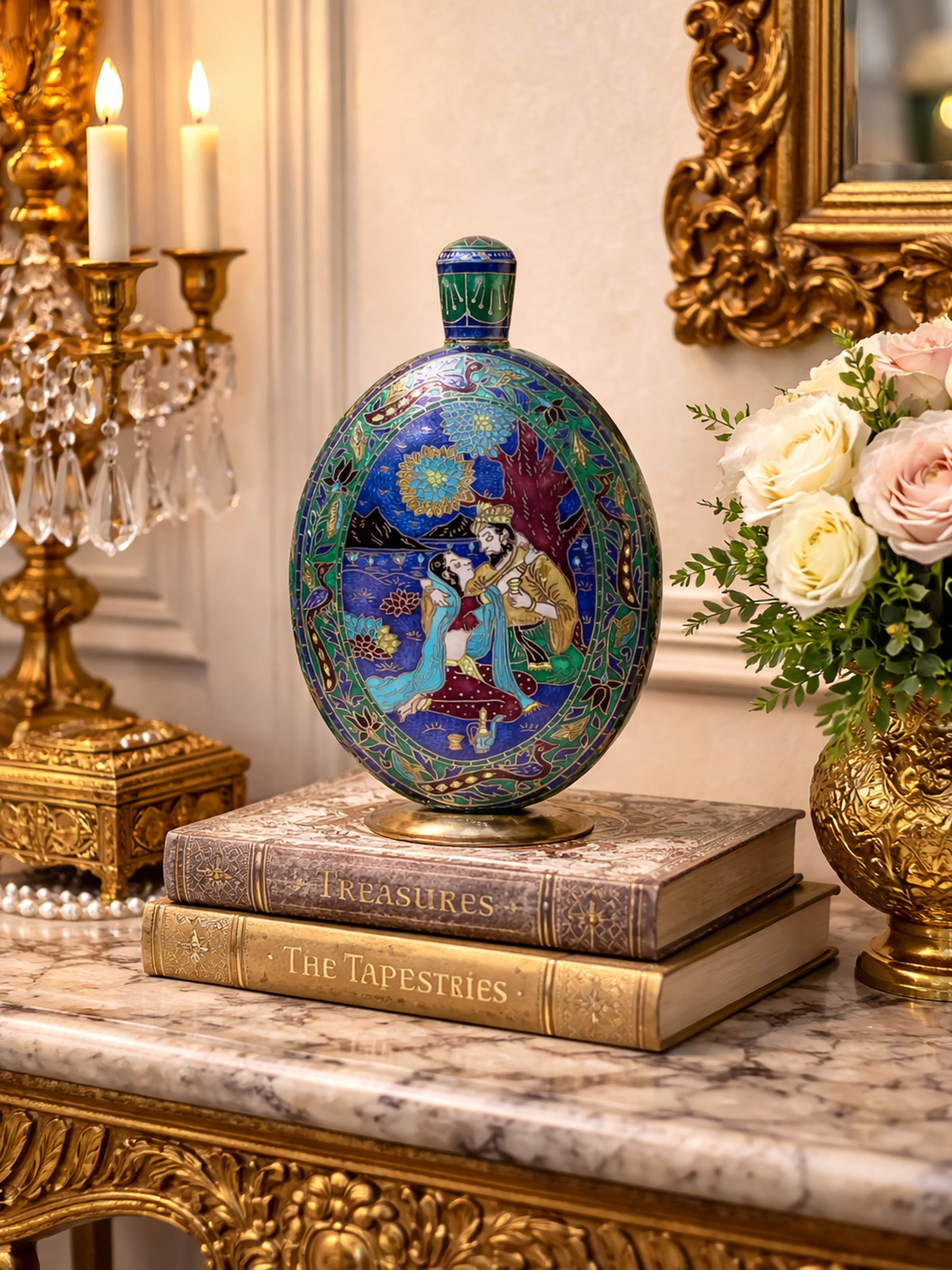 lifestyle view of enamelled high gloss silver flask