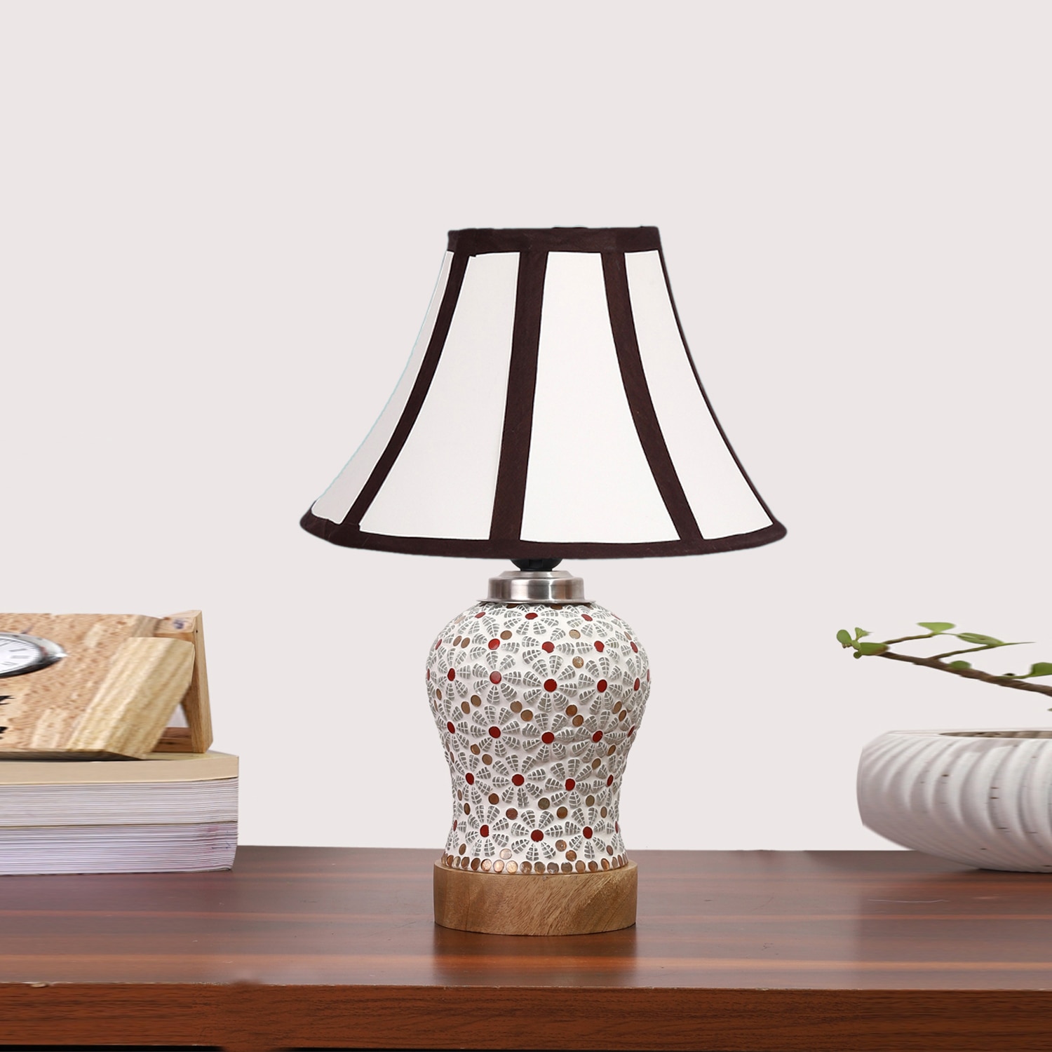 Devansh Multi Cotton Shade Lamp With Wood & Mosaic Glass Base For Decoration/Office/Home/Gifting/Study For Decoration/Office/Home/Gifting/Study