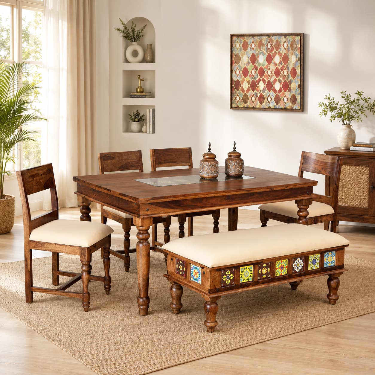 Rangrez Sheesham Wood 6 Seater Dining Set in Provincial Teak Finish with Cushioned Bench - Woodenmood