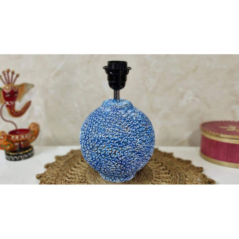 Annekaltable Handmade & Handpainted Blue & white wooden Matka Lamp with Beige shade
