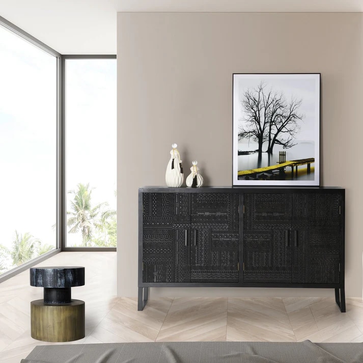 Admire Solid Mango Wood Sideboard with 4 Door in Dark Finish with Metal Base