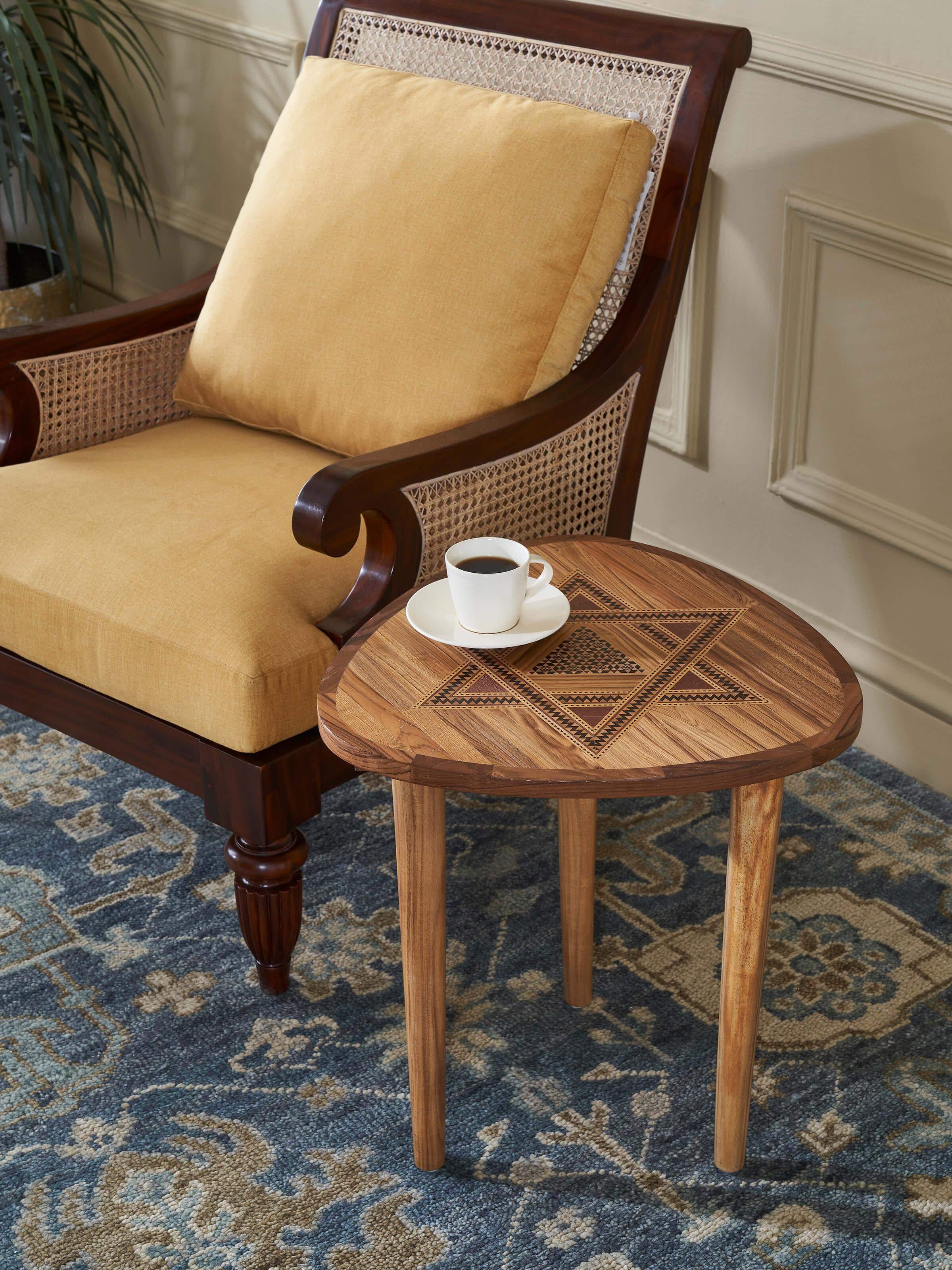 Angled view of the teak wood marquetry end & side table, highlighting the elegant wood pattern and sturdy build.