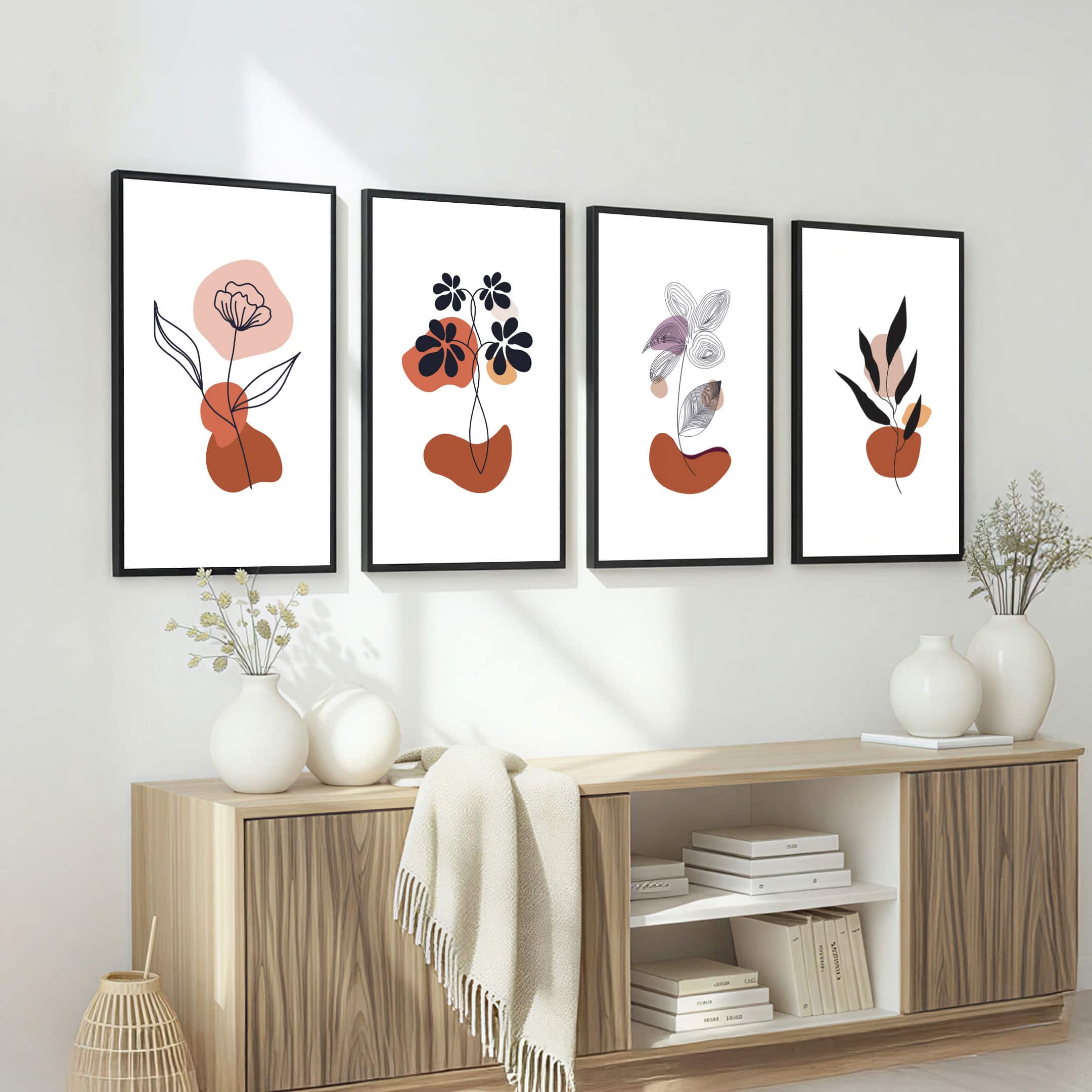 The Castle Decor Boho Abstract Botanical Wall Art Set of 4 Design 4 11x17 Inch - The Castle Decor