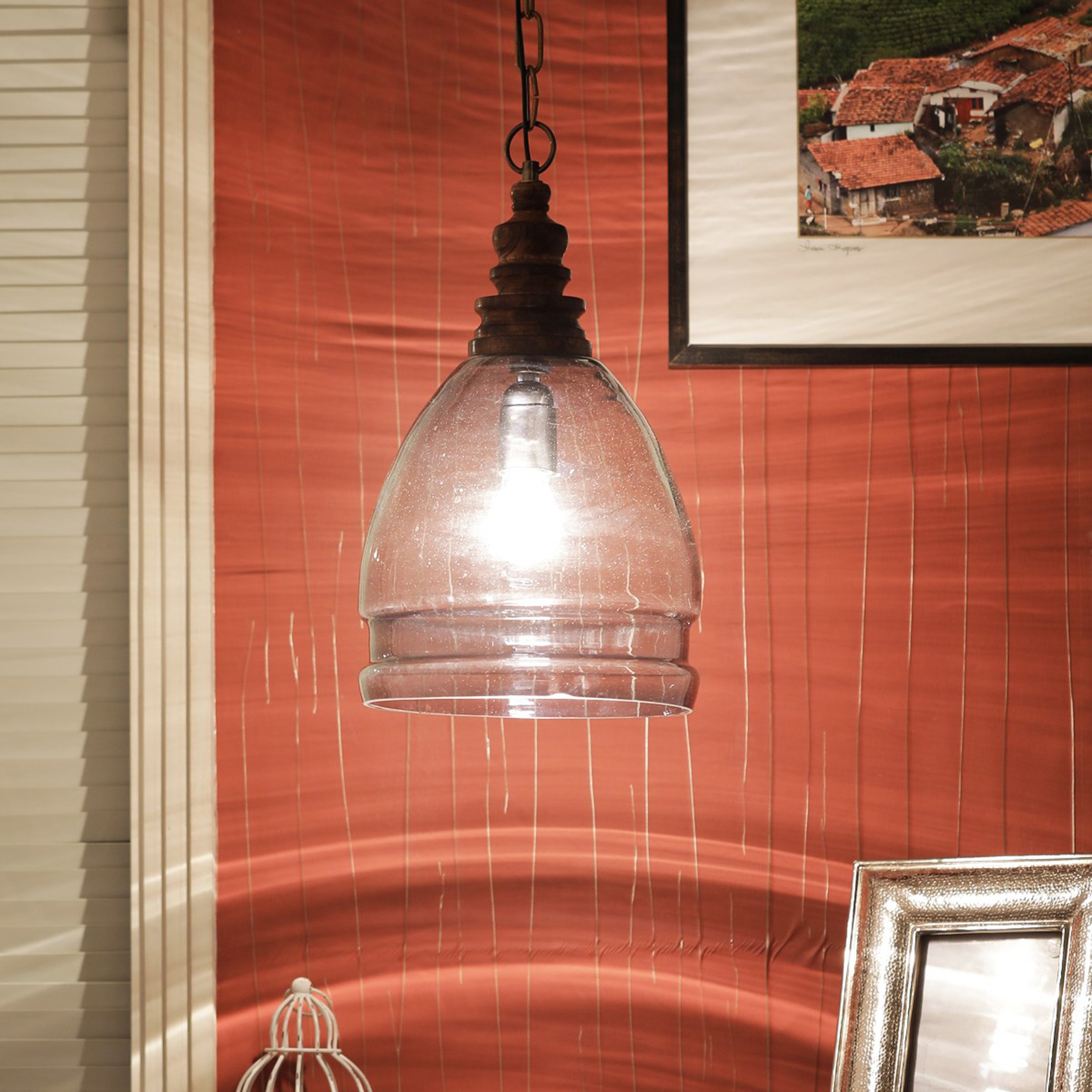 Eveleen Blue Luster Glass & Wood Pendant