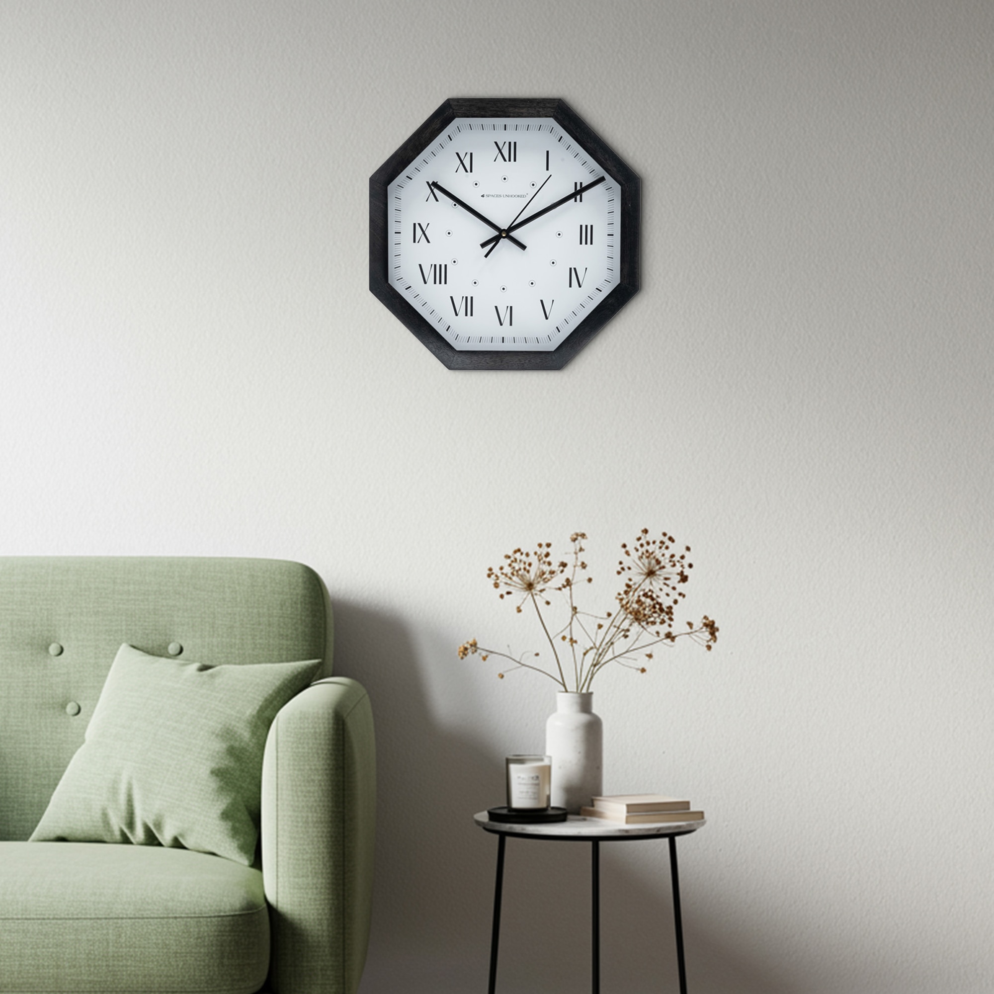 Black Wooden Wall Clock with Roman Indices and Minimal Dot Dial