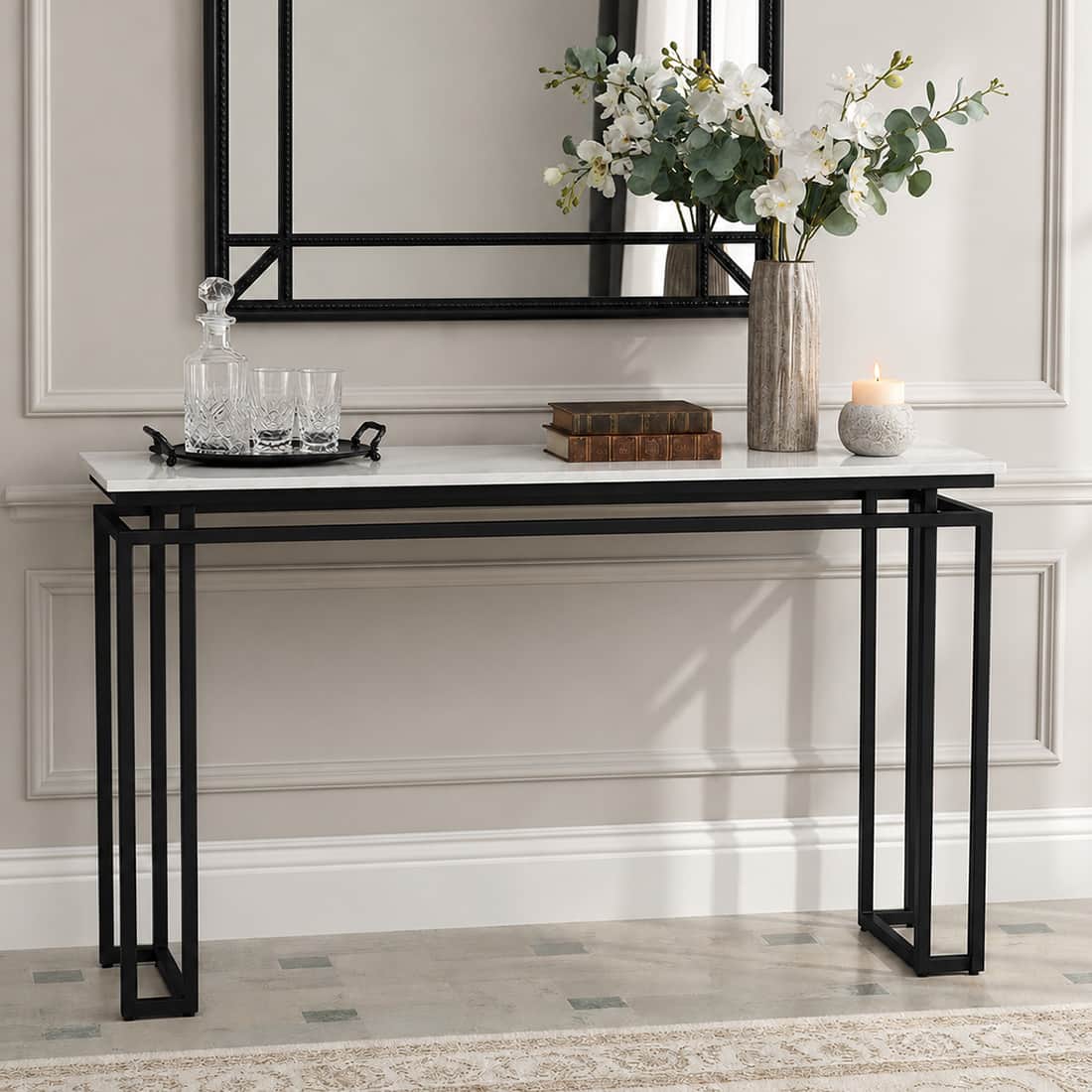 Regent Metal Console Table in Black Finish with Porcelain Top