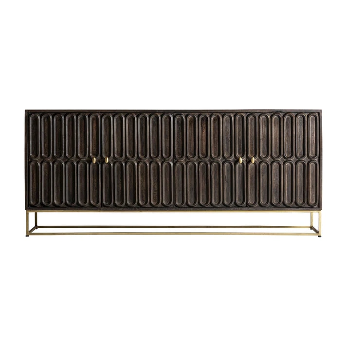 Kibo Solid Mango Wood Sideboard with 4 Door in Dark Finish with Metal Base - Woodenmood