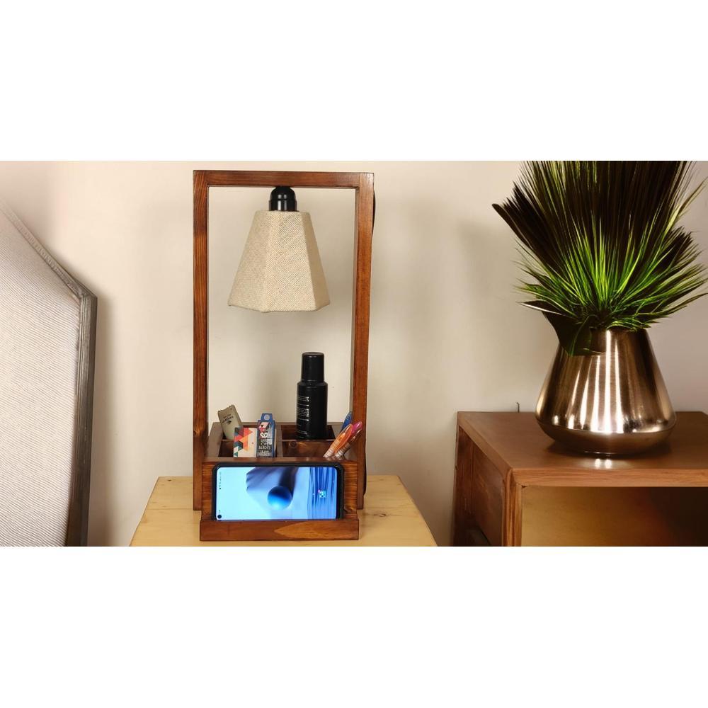 Strew Wooden Table Lamp with Brown Base and Premium White Fabric Lampshade