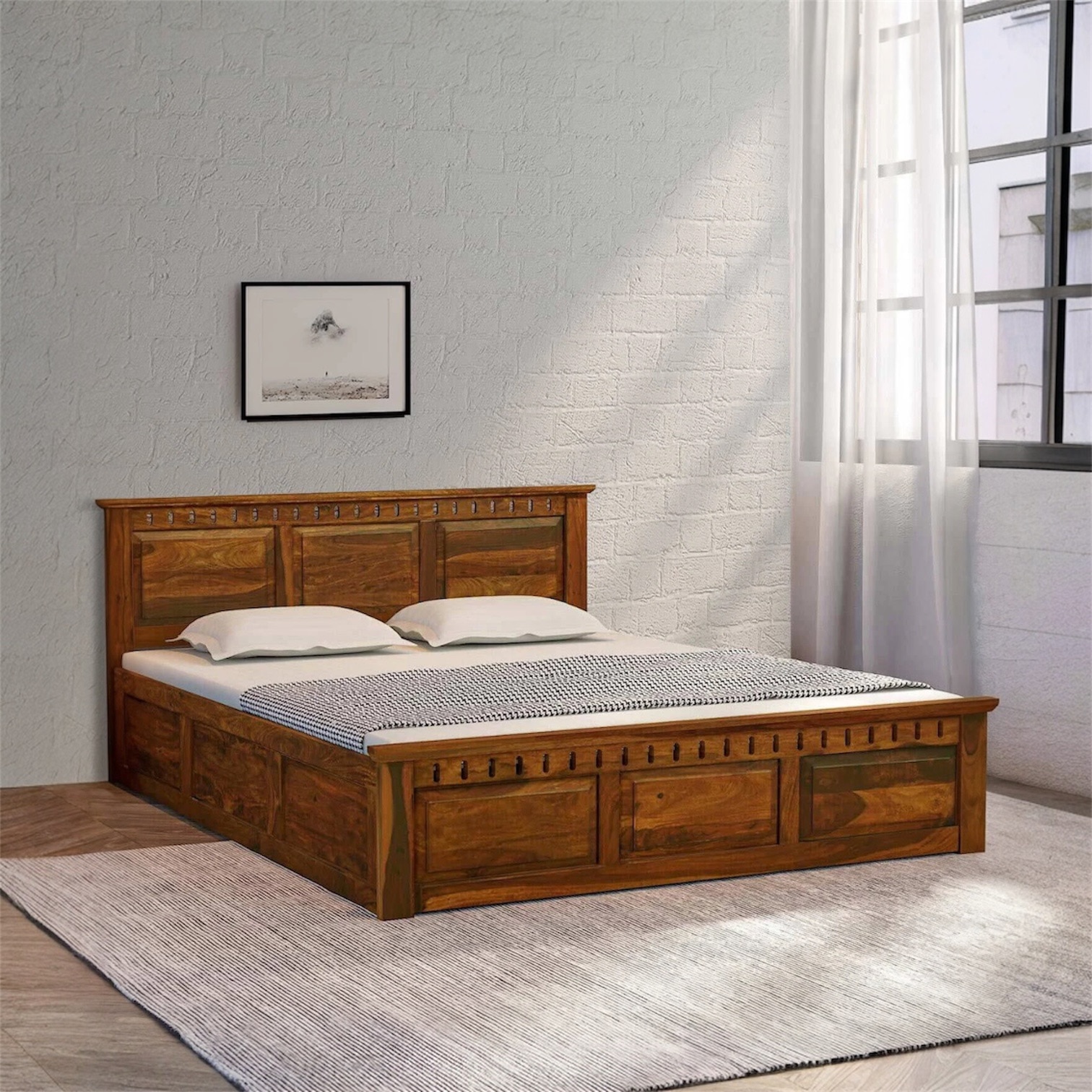 Zvya Solid Wood King  Size Bed With Box Storage (Provincial Teak Finish) - Interior Valley