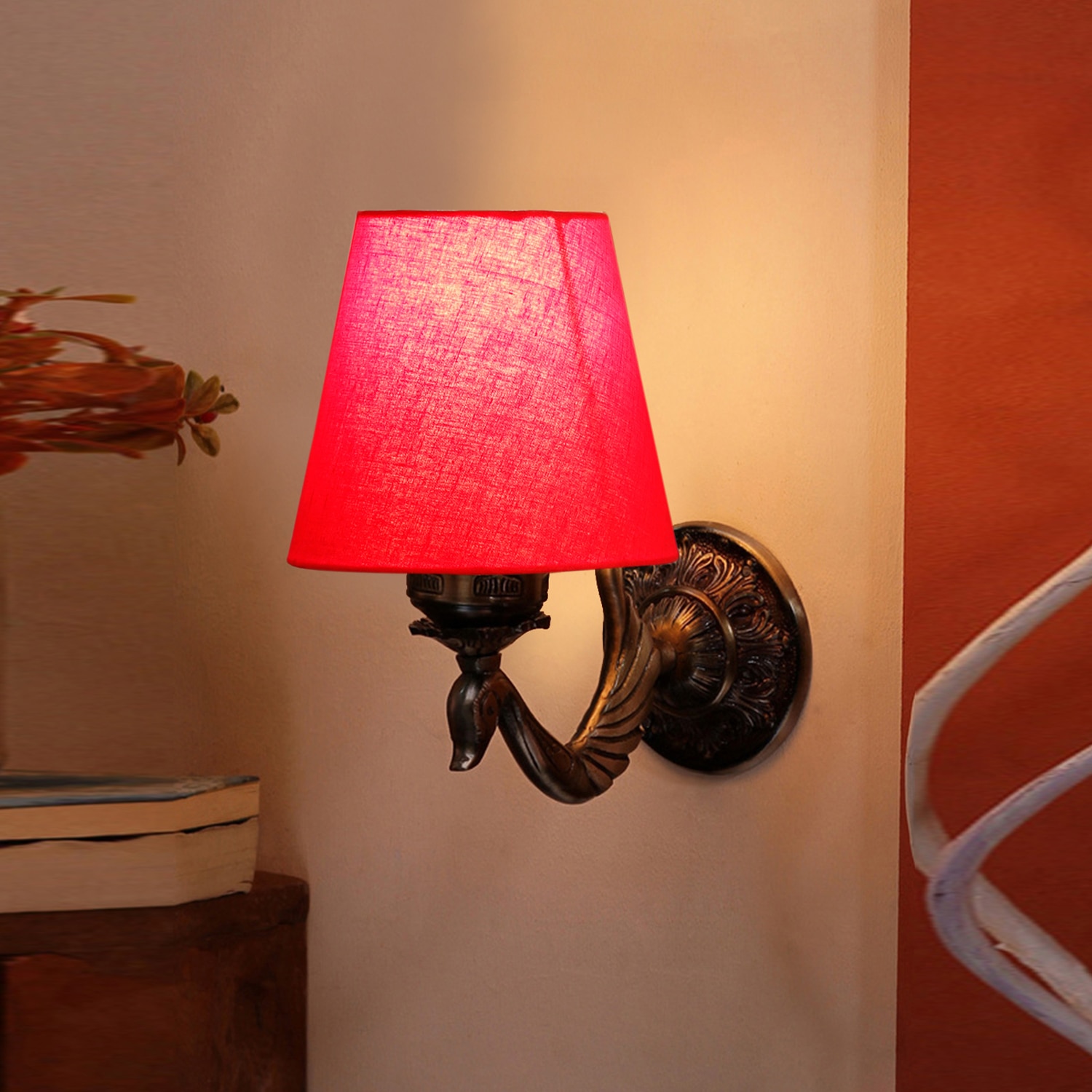 Devansh Metal Electric Wall Light in Antique Gold Colour with Red Shade Count of 1 Light - Devansh