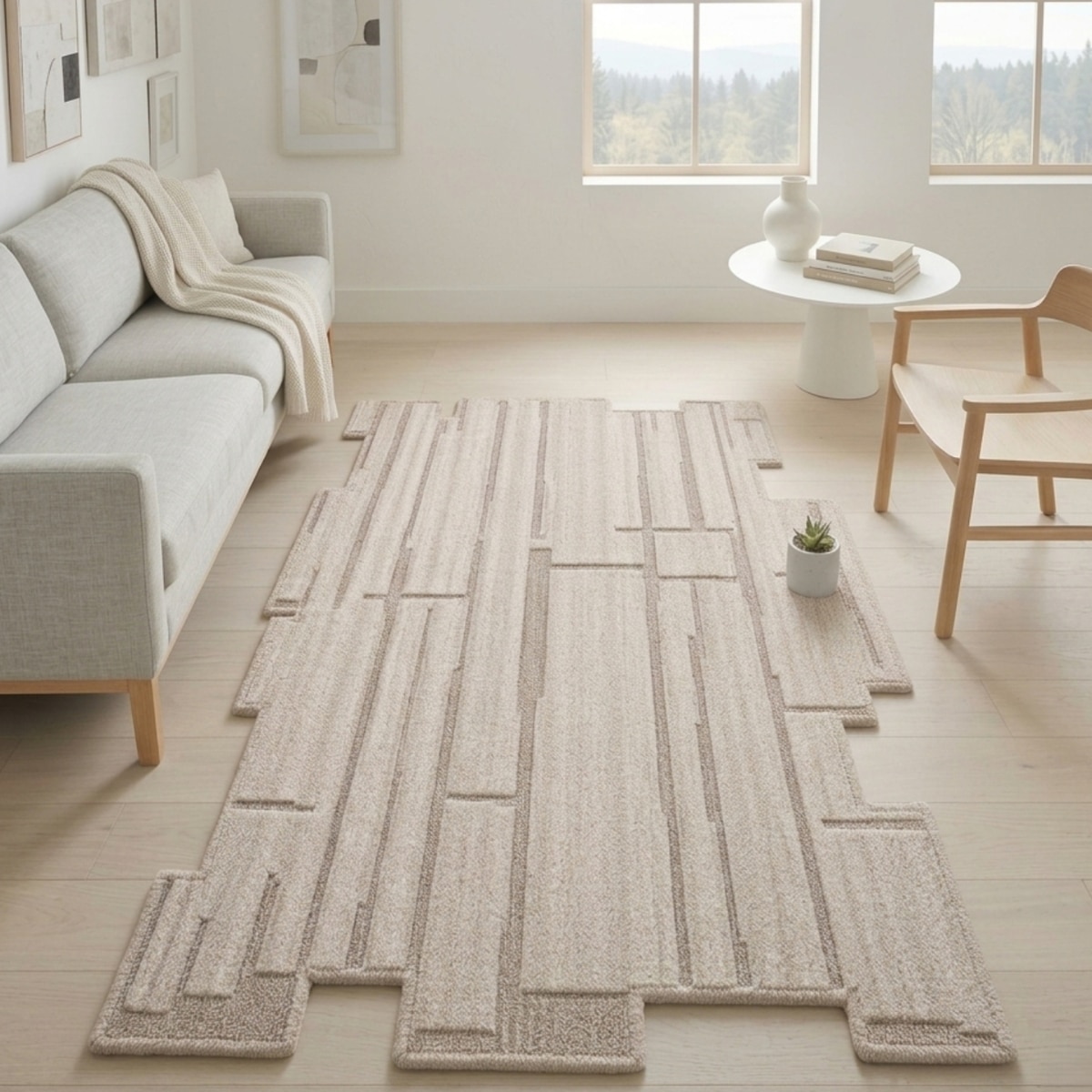 Handmade Wool Shaped Rug Modern Abstract Beige 5 x 8 Feet Carpet - NEU LOOMS